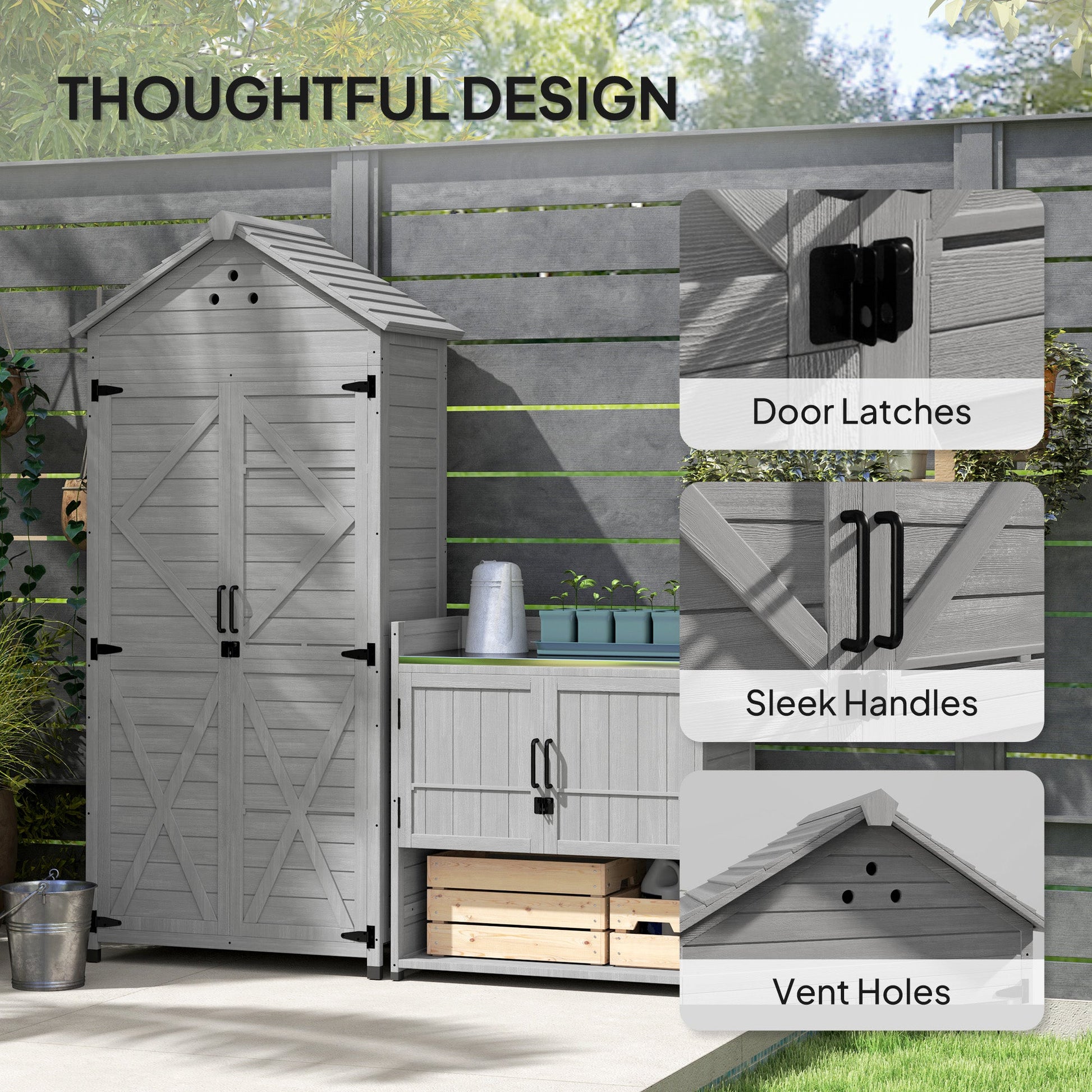 2-in-1 Outdoor Storage Cabinet, Wood Garden Shed with Shelves, Latch Doors and Vent Holes, Outdoor Tool Shed with Foot Caps for Backyard, Patio, Lawn, Light Grey