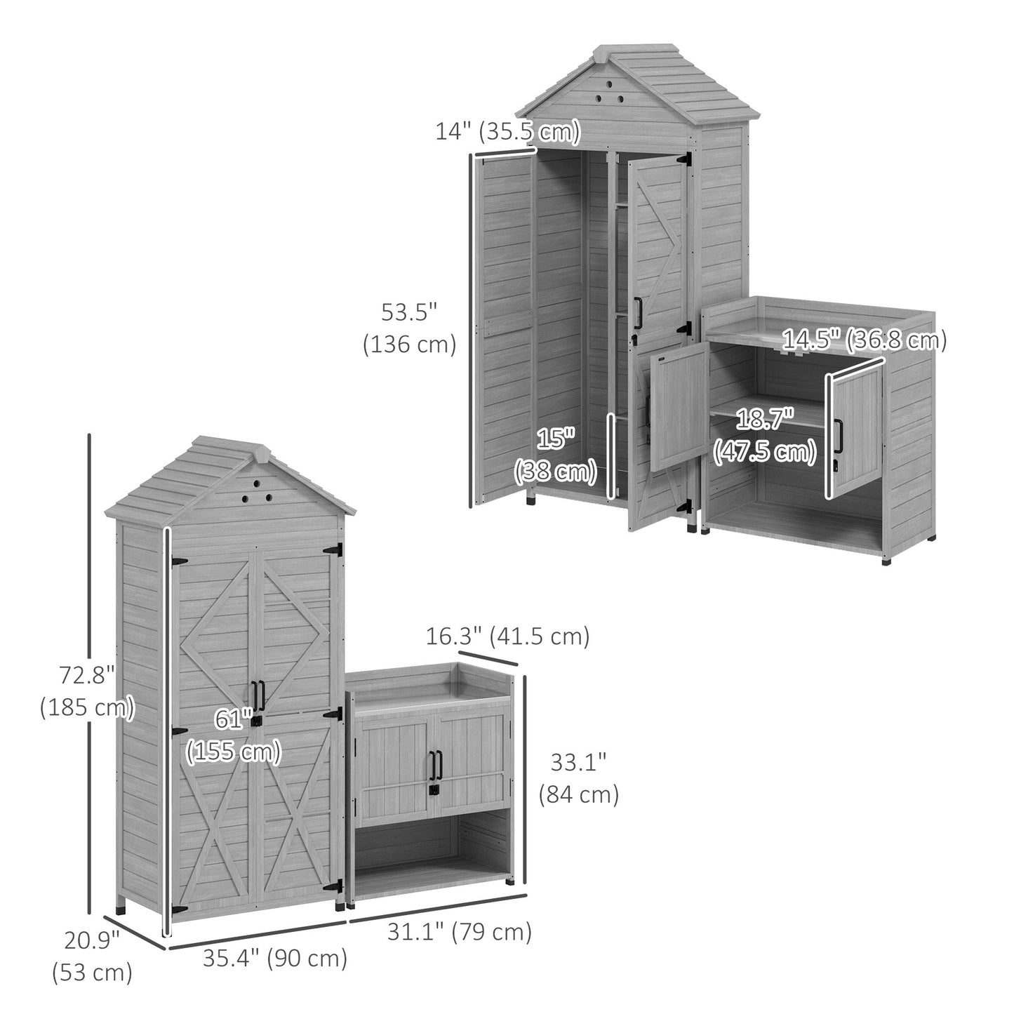 2-in-1 Outdoor Storage Cabinet, Wood Garden Shed with Shelves, Latch Doors and Vent Holes, Outdoor Tool Shed with Foot Caps for Backyard, Patio, Lawn, Light Grey