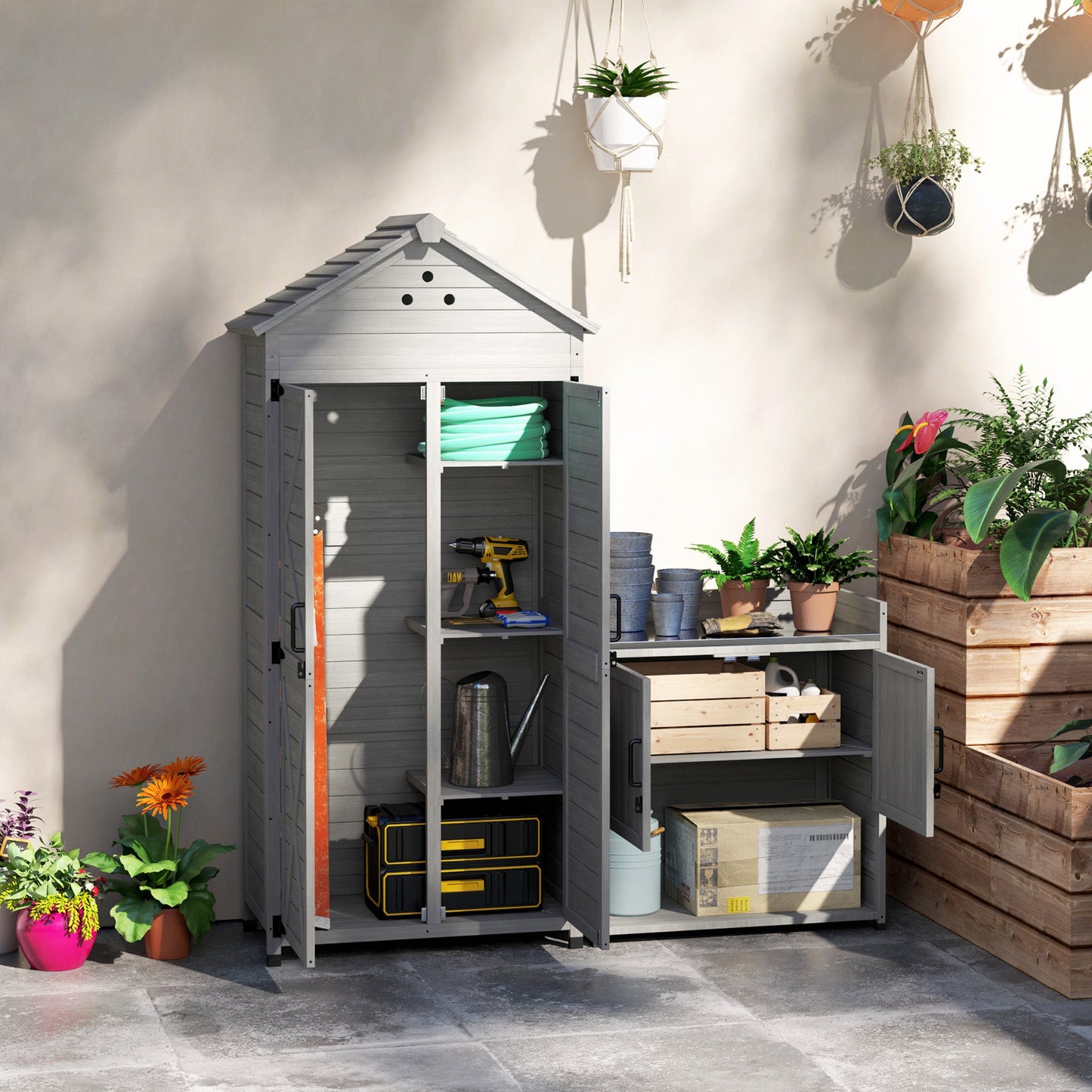 2-in-1 Outdoor Storage Cabinet, Wood Garden Shed with Shelves, Latch Doors and Vent Holes, Outdoor Tool Shed with Foot Caps for Backyard, Patio, Lawn, Light Grey
