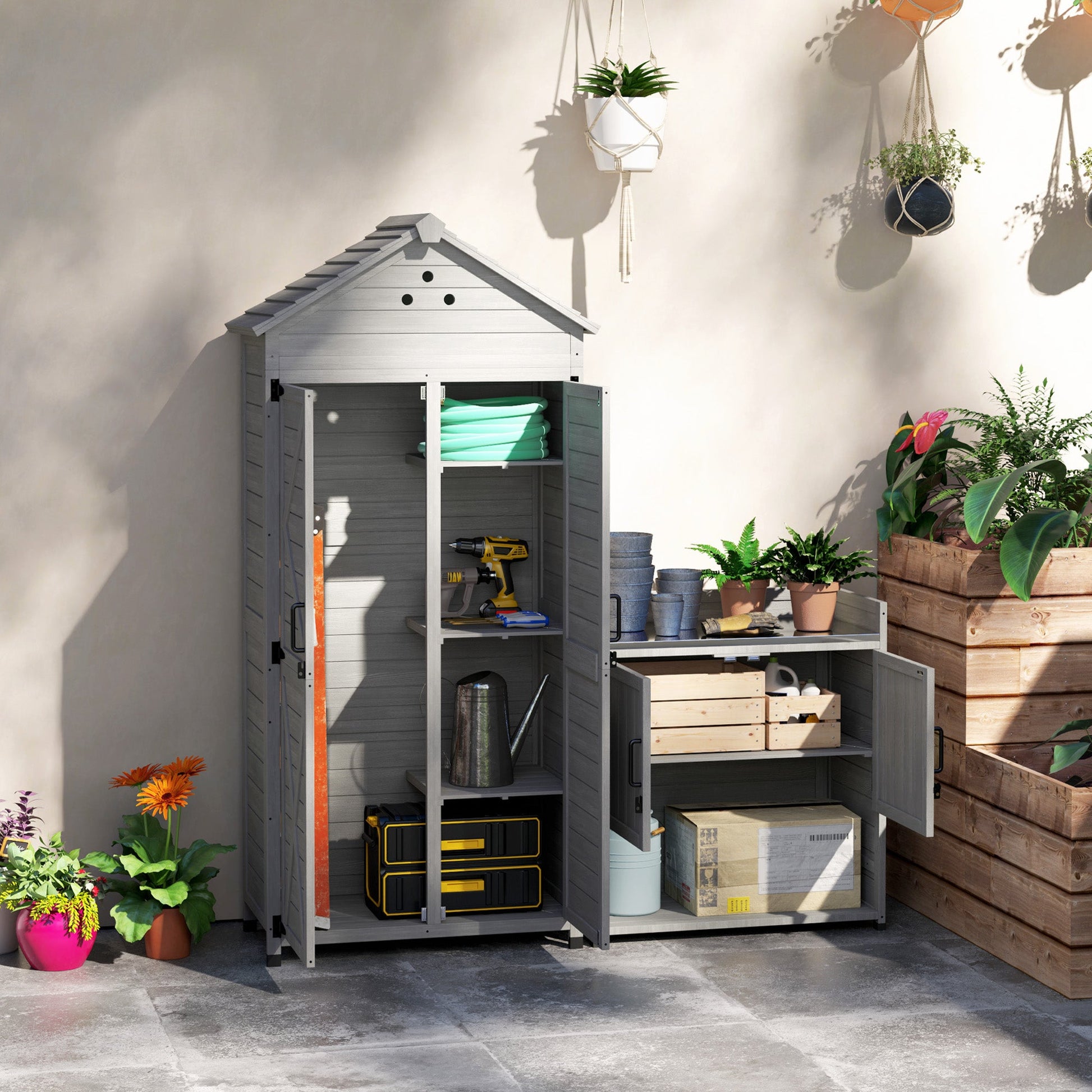 2-in-1 Outdoor Storage Cabinet, Wood Garden Shed with Shelves, Latch Doors and Vent Holes, Outdoor Tool Shed with Foot Caps for Backyard, Patio, Lawn, Light Grey