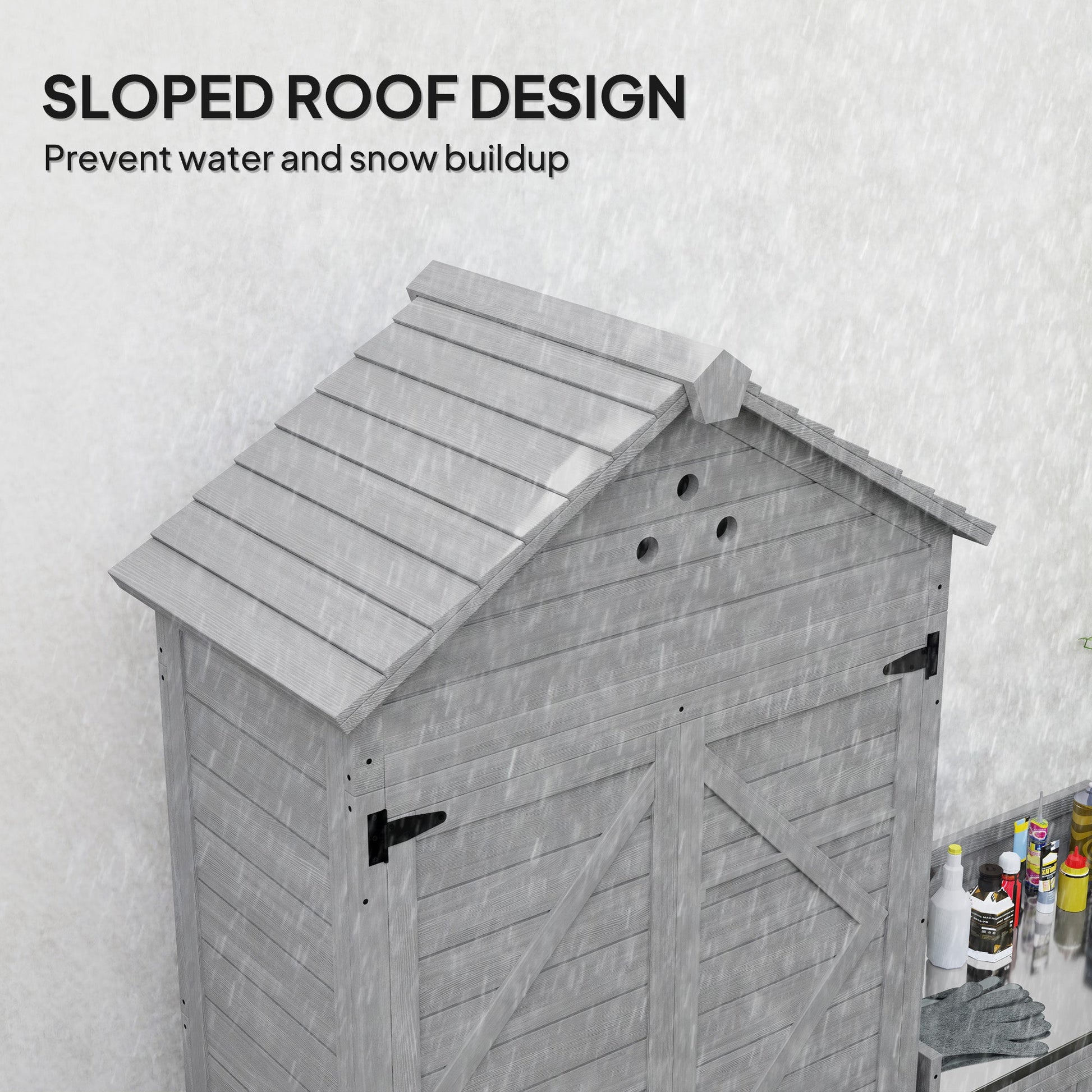 2-in-1 Outdoor Storage Cabinet, Wood Garden Shed with Shelves, Latch Doors and Vent Holes, Outdoor Tool Shed with Foot Caps for Backyard, Patio, Lawn, Light Grey