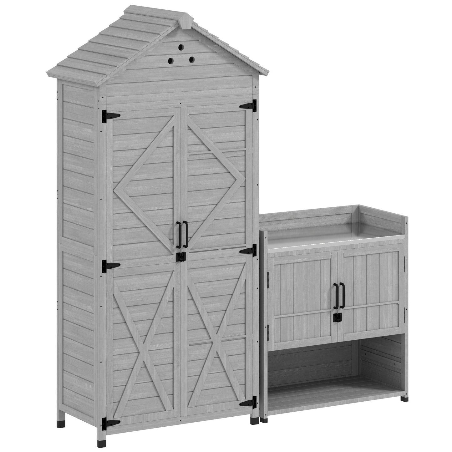 2-in-1 Outdoor Storage Cabinet, Wood Garden Shed with Shelves, Latch Doors and Vent Holes, Outdoor Tool Shed with Foot Caps for Backyard, Patio, Lawn, Light Grey