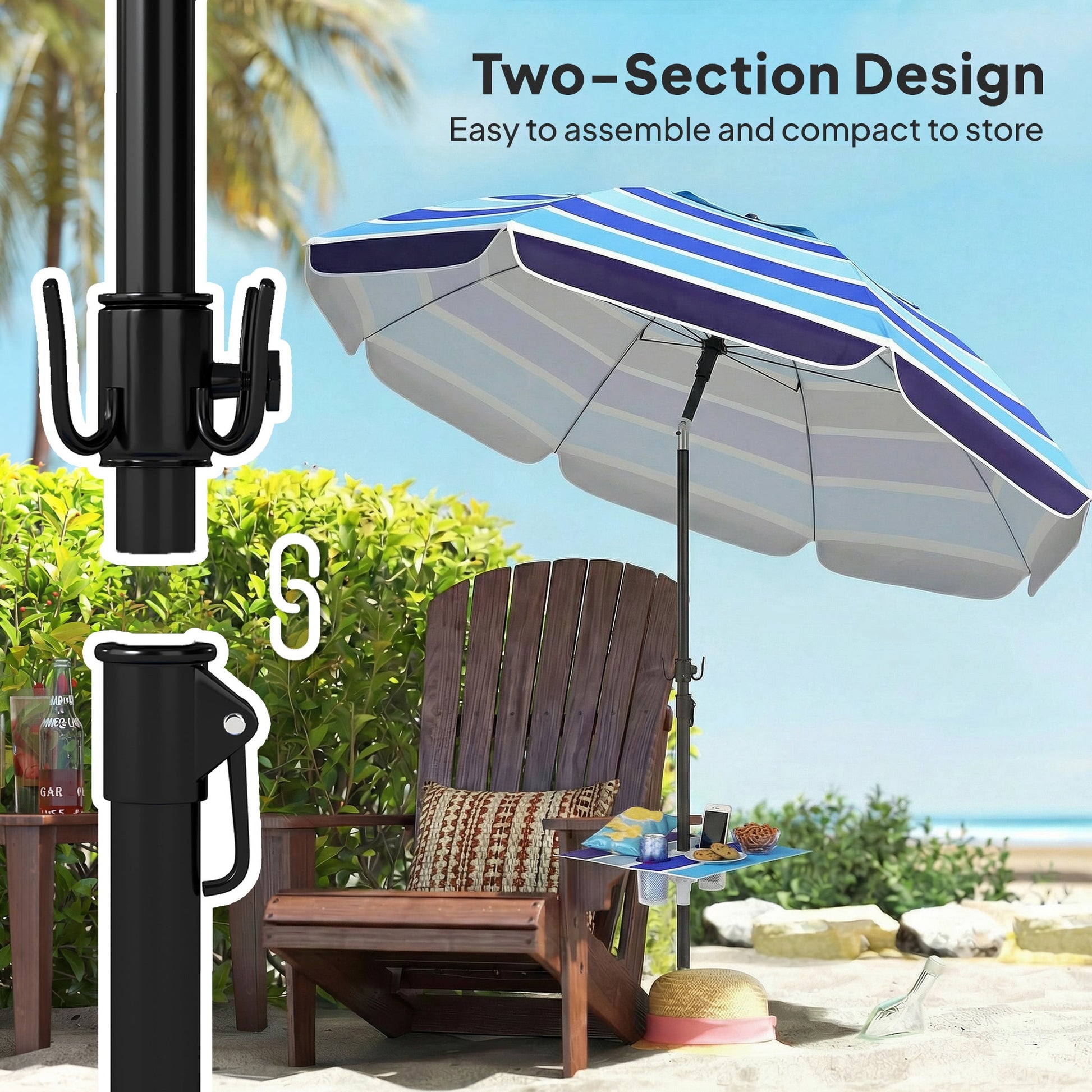 78" Beach Umbrella with Foldable Table and Cup Holder, Adjustable Tilt, Portable with Carry Bag and Hook for Outdoor, Patio, Beach, Multicolor