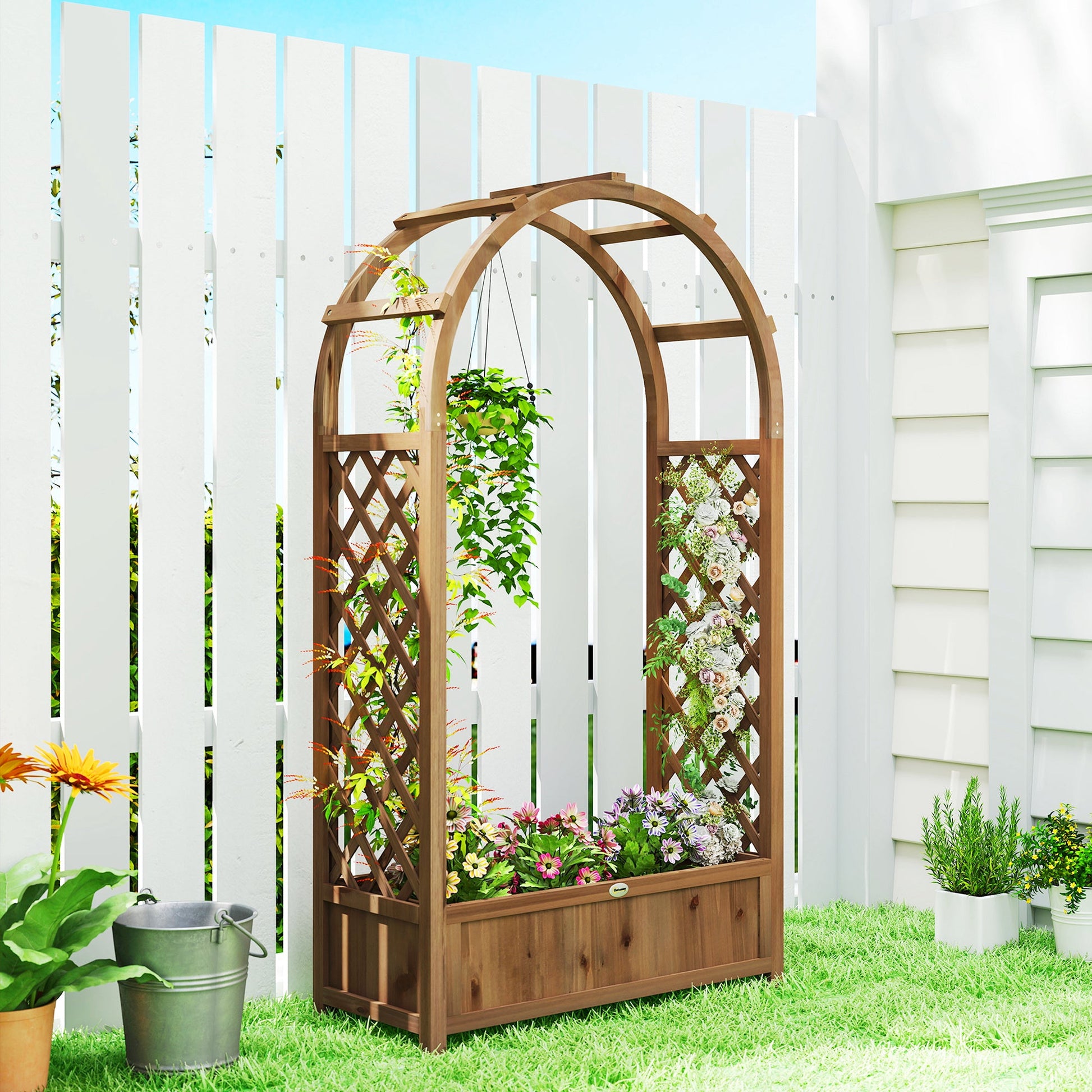 Raised Garden Bed with Arch Trellis, 59.8" Freestanding Garden Planter Box, Outdoor Planter Container for Vine Climbing Plant Flower Herb, Dark Brown Wood Effect
