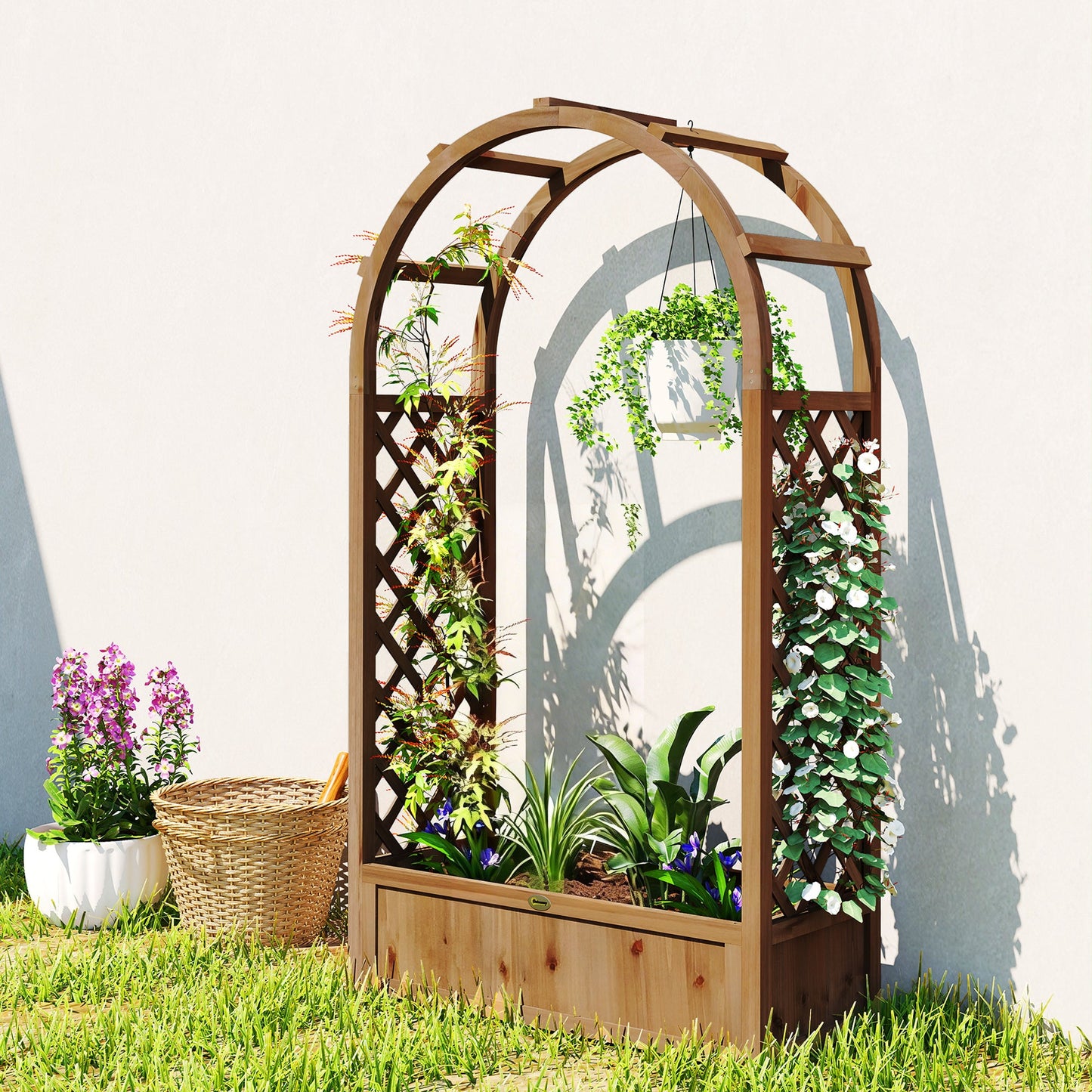 Raised Garden Bed with Arch Trellis, 59.8" Freestanding Garden Planter Box, Outdoor Planter Container for Vine Climbing Plant Flower Herb, Dark Brown Wood Effect