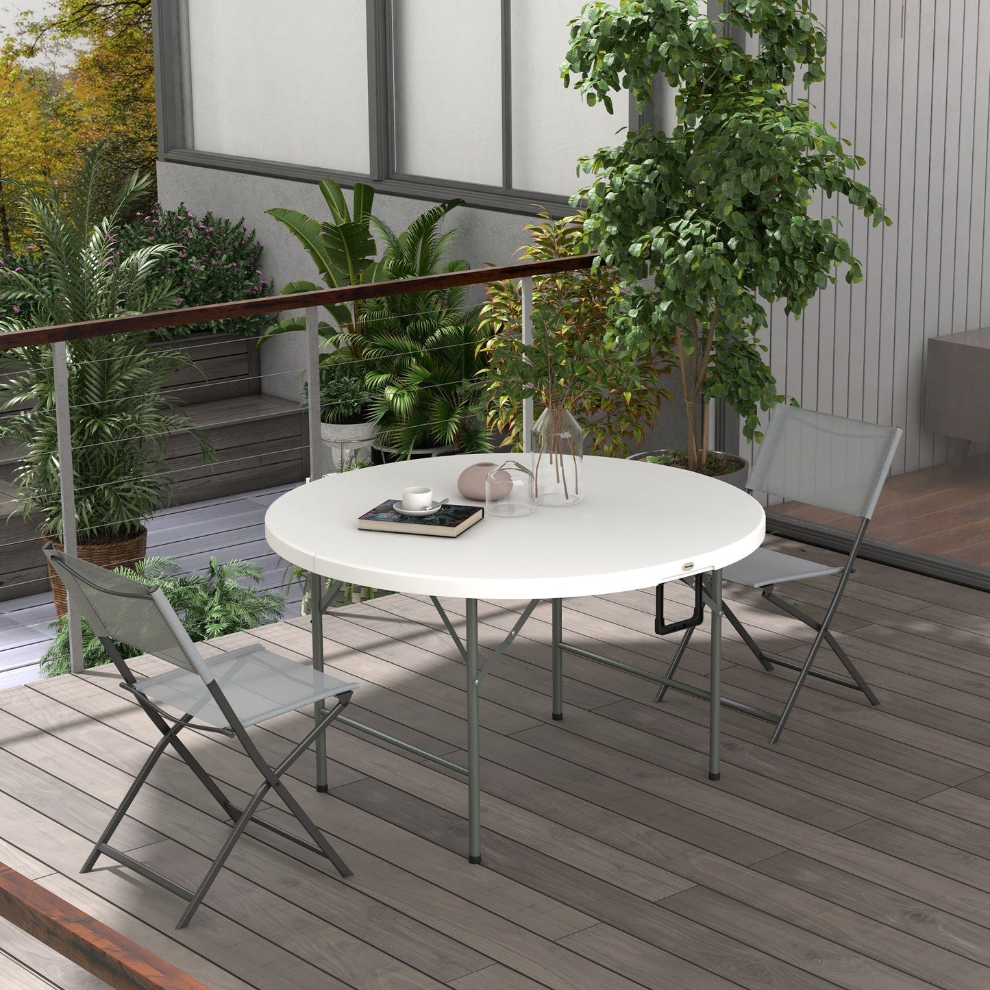 Φ48" Folding Patio Table, Outdoor HDPE Picnic Table, Card Table for 6, Round Folding Banquet with Metal Frame, White