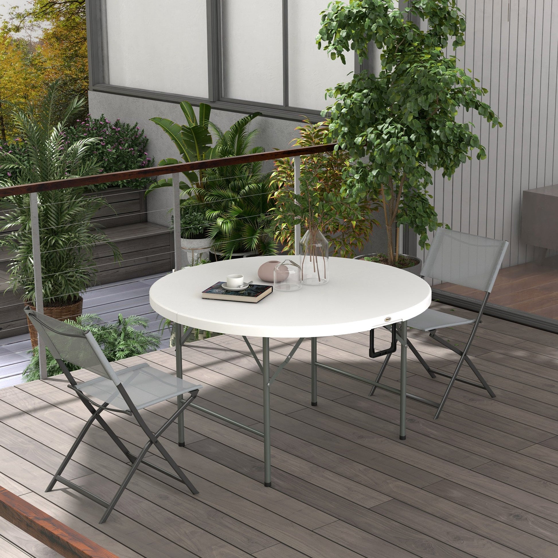 Φ48" Folding Patio Table, Outdoor HDPE Picnic Table, Card Table for 6, Round Folding Banquet with Metal Frame, White
