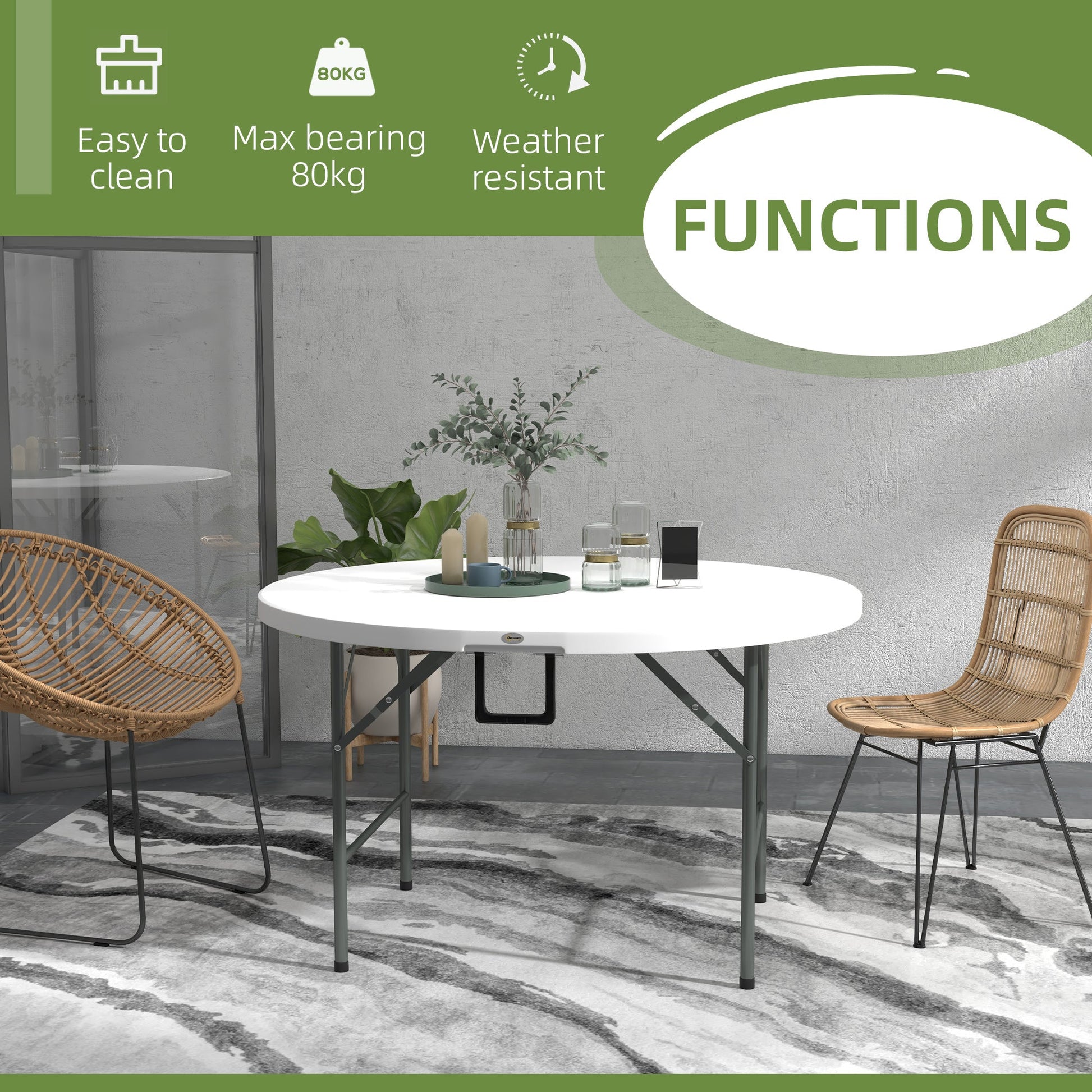 Φ48" Folding Patio Table, Outdoor HDPE Picnic Table, Card Table for 6, Round Folding Banquet with Metal Frame, White