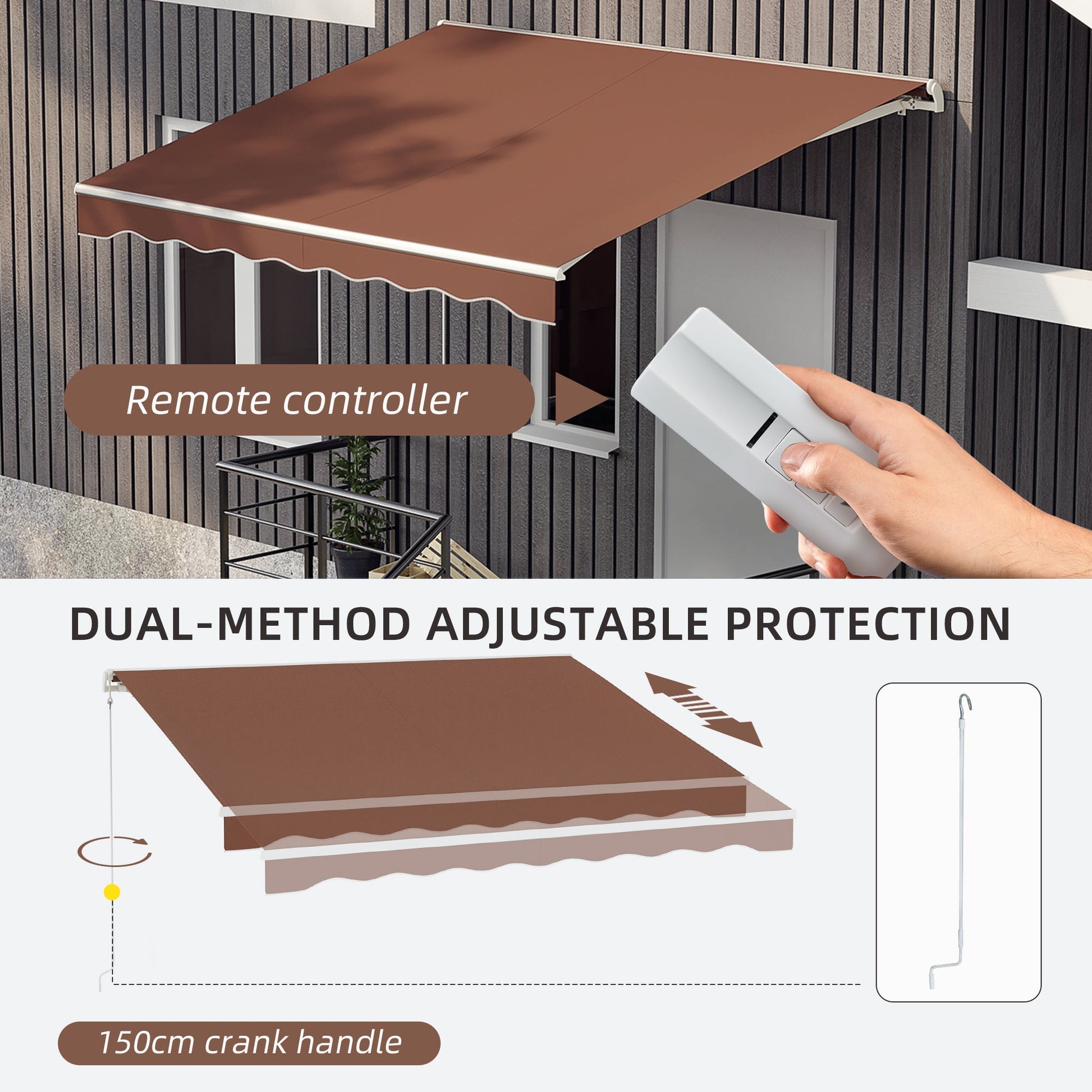 10' x 8' Electric Awning, Retractable Awning Sun Shade Shelter with Remote Controller, Manual Crank Handle and Aluminum Frame, for Deck, Balcony, Yard, Coffee