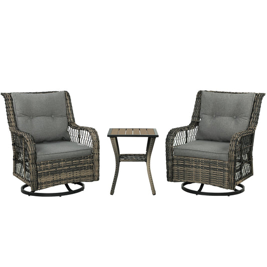 3 Pieces Wicker Patio Furniture Set, Rattan Bistro Set with Swivel Glider Chairs, Cushions, Bistro Table Set Outdoor Patio Conversation Set for Porch Balcony, Grey