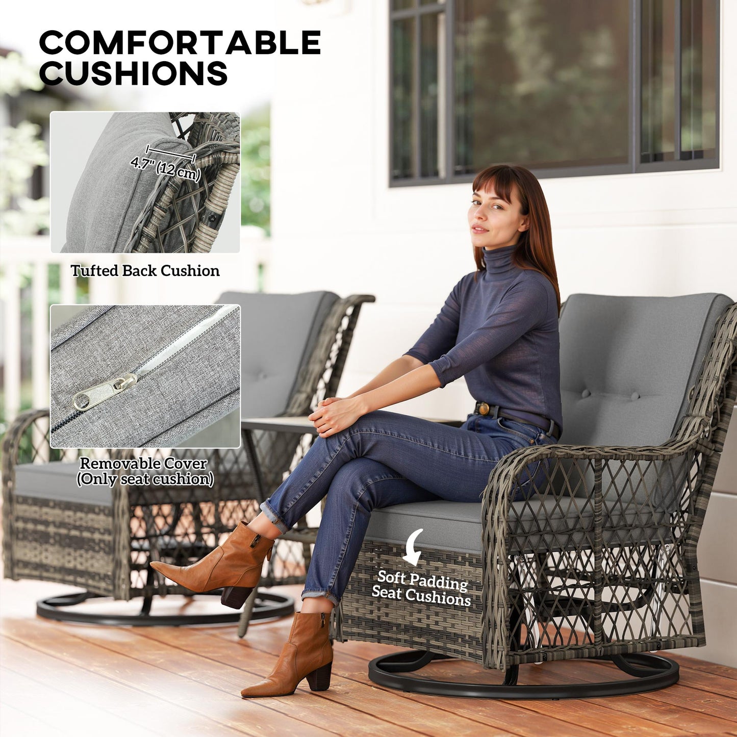 3 Pieces Wicker Patio Furniture Set, Rattan Bistro Set with Swivel Glider Chairs, Cushions, Bistro Table Set Outdoor Patio Conversation Set for Porch Balcony, Grey
