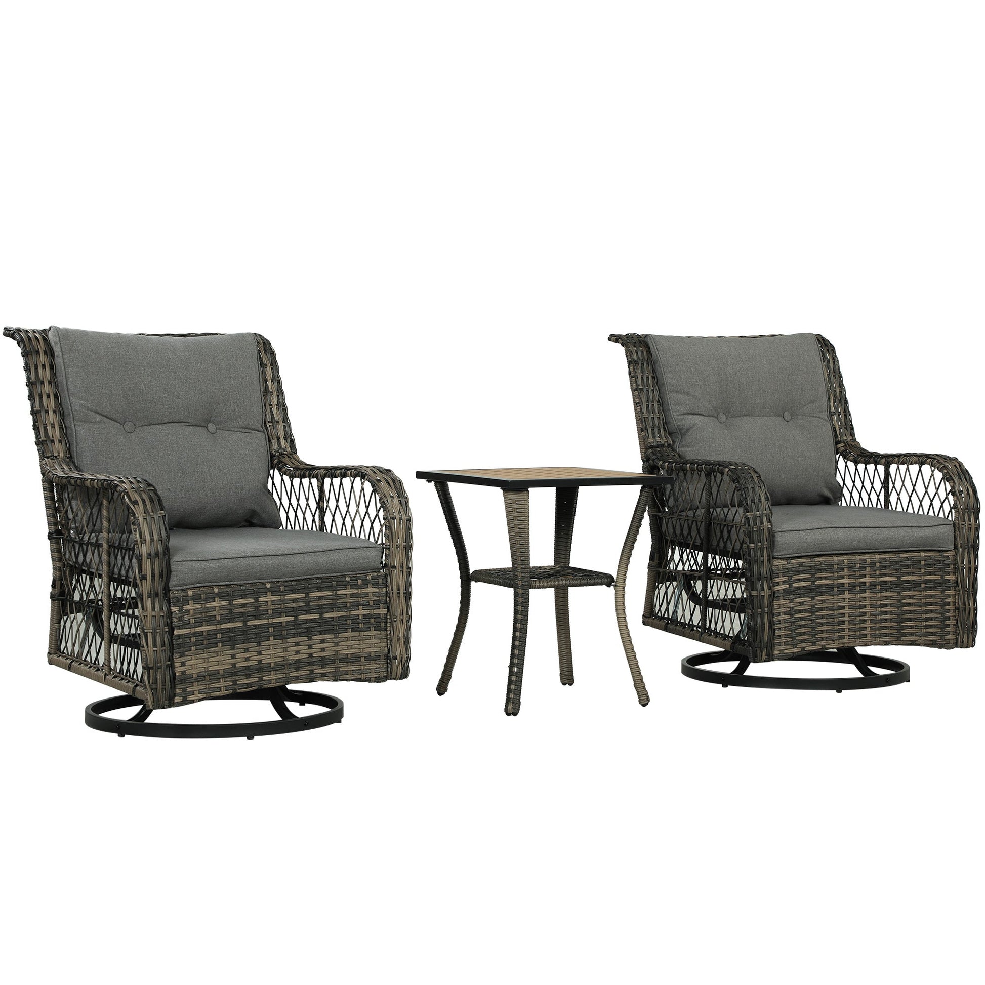 3 Pieces Wicker Patio Furniture Set, Rattan Bistro Set with Swivel Glider Chairs, Cushions, Bistro Table Set Outdoor Patio Conversation Set for Porch Balcony, Grey