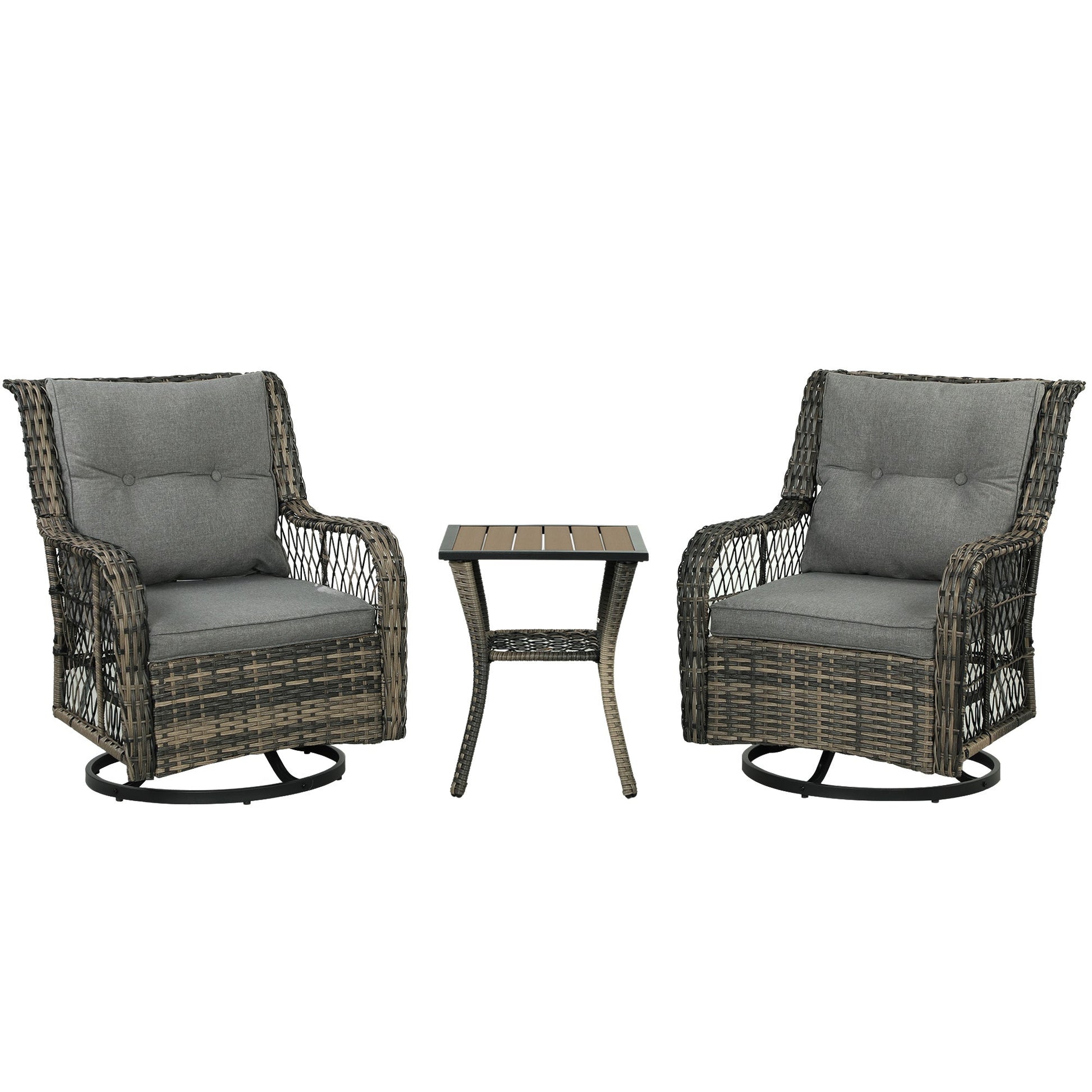 3 Pieces Wicker Patio Furniture Set, Rattan Bistro Set with Swivel Glider Chairs, Cushions, Bistro Table Set Outdoor Patio Conversation Set for Porch Balcony, Grey
