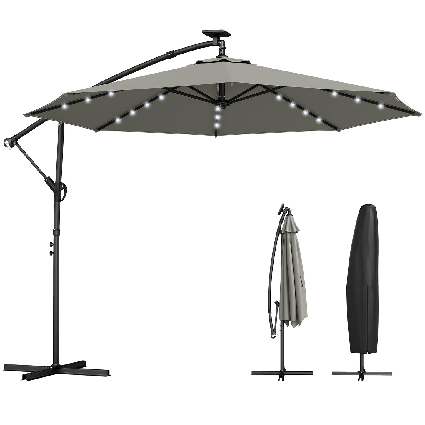 9.7 ft Cantilever Patio Umbrella with Solar LED Light, Cover, Round Offset Hanging Outdoor Umbrella Parasol with Tilt and Crank Handle, Grey