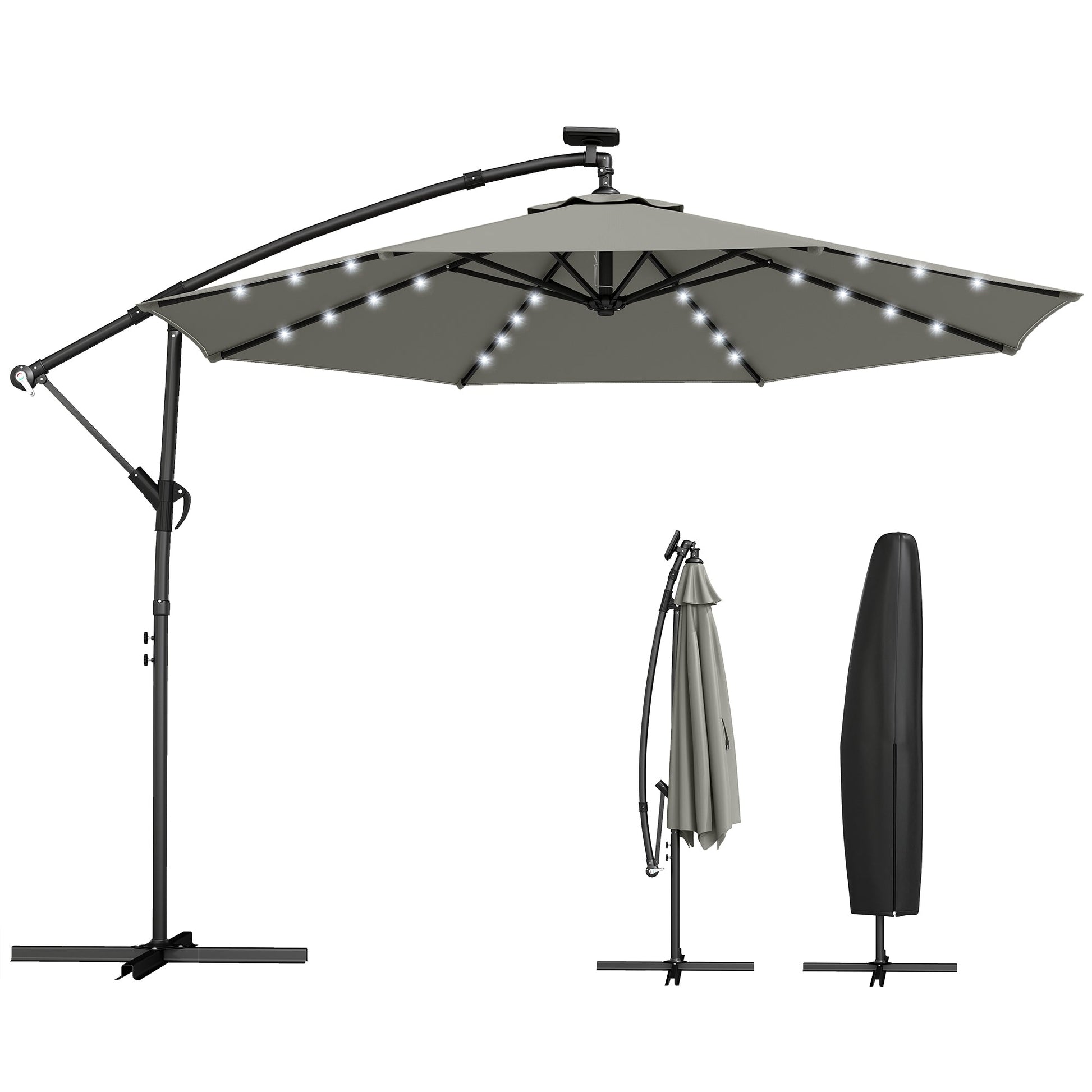 9.7 ft Cantilever Patio Umbrella with Solar LED Light, Cover, Round Offset Hanging Outdoor Umbrella Parasol with Tilt and Crank Handle, Grey