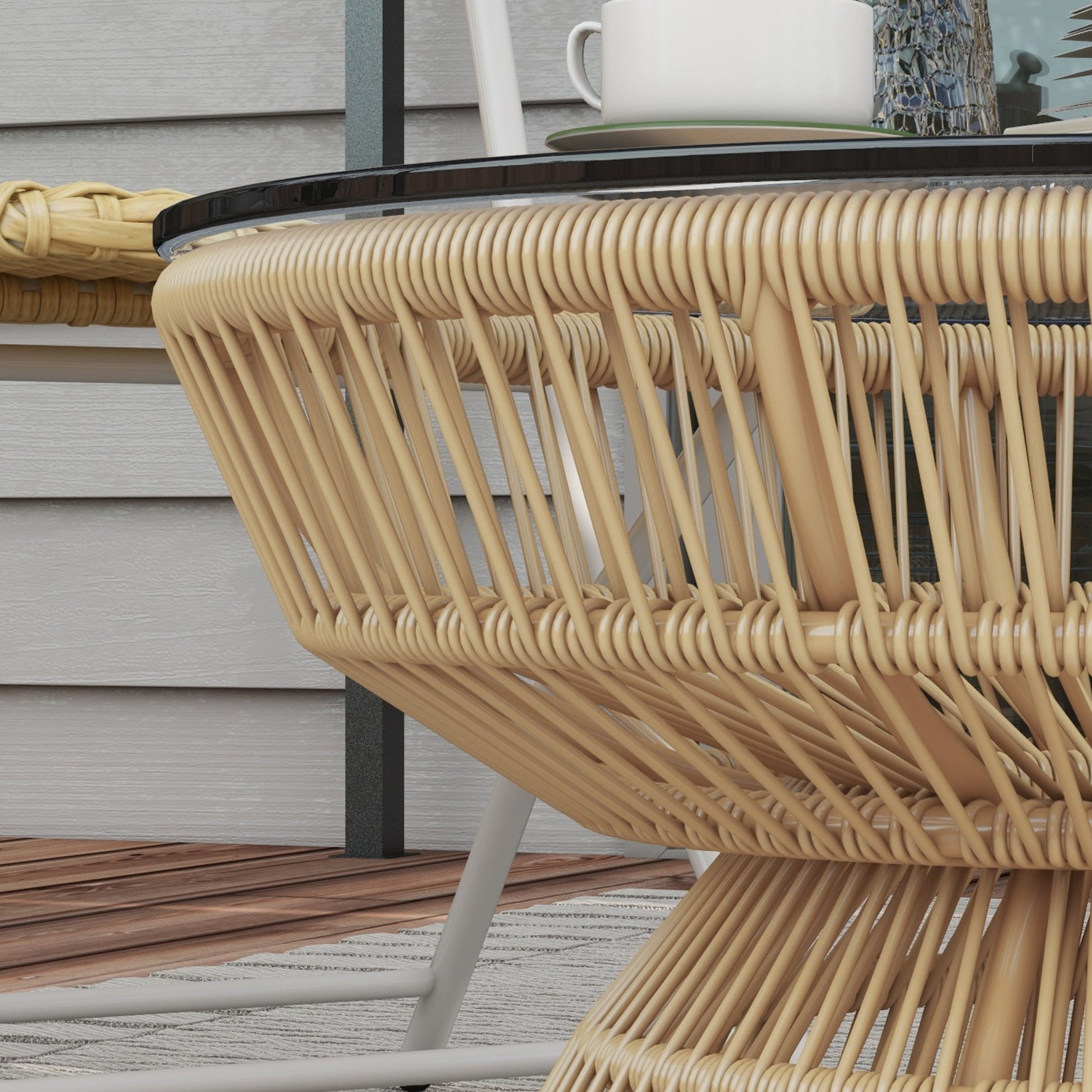 Rattan Outdoor Coffee Table, Patio End Table with Tempered Glass Tabletop & Steel Frame, Round Side Table Wicker Furniture for Backyard Lawn Balcony, Nature Wood