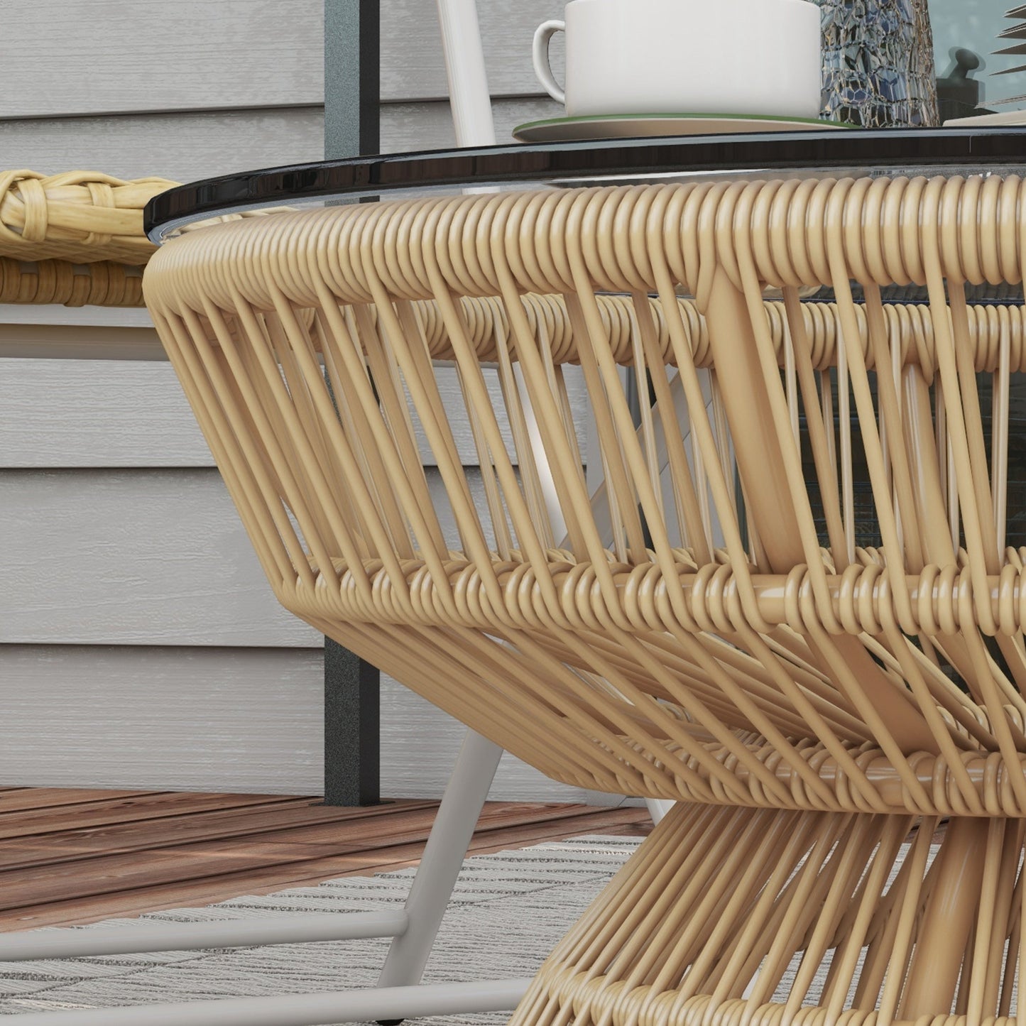 Rattan Outdoor Coffee Table, Patio End Table with Tempered Glass Tabletop & Steel Frame, Round Side Table Wicker Furniture for Backyard Lawn Balcony, Nature Wood