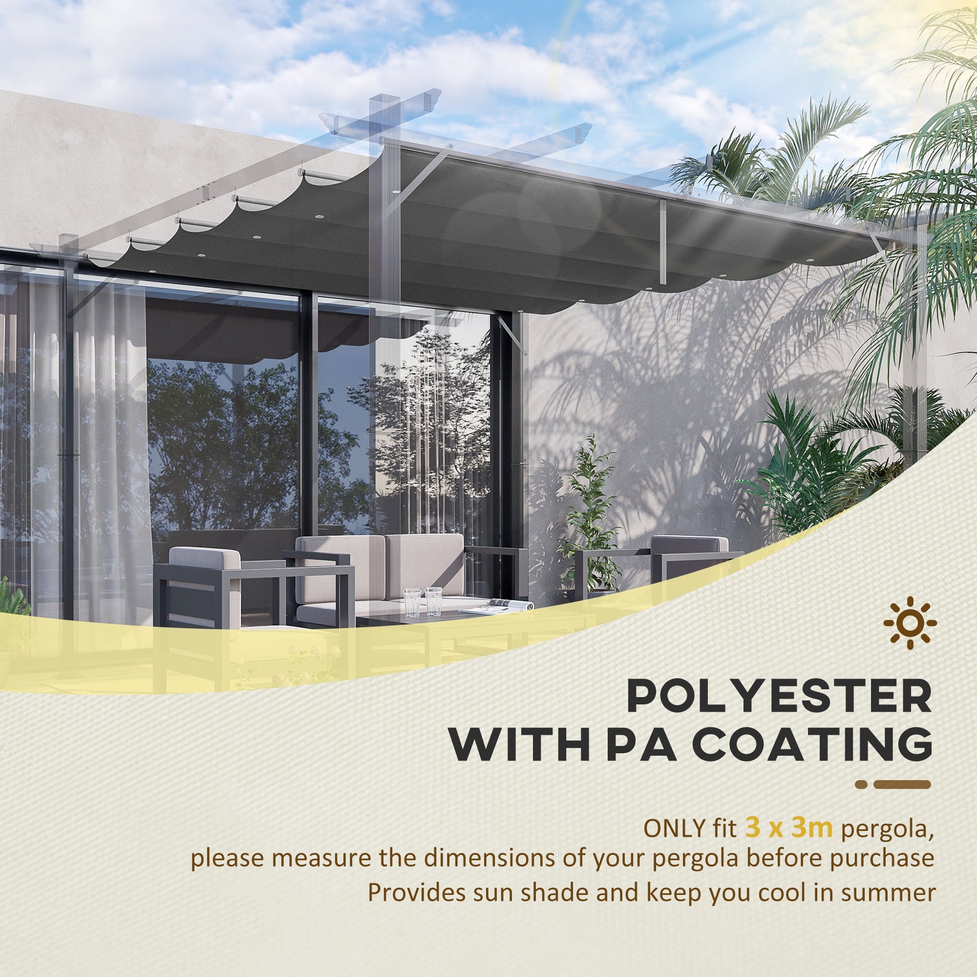 Retractable Replacement Pergola Canopy for 10' x 10' Pergola, Pergola Cover Replacement, Dark Grey