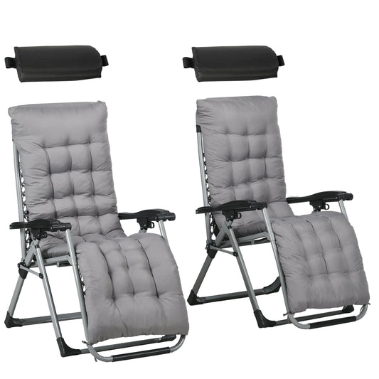 Reclining Zero Gravity Chair with Adjustable Backrest, Folding Garden Sun Lounger with Removable Cushion and Headrest, Set of 2, Dark Grey