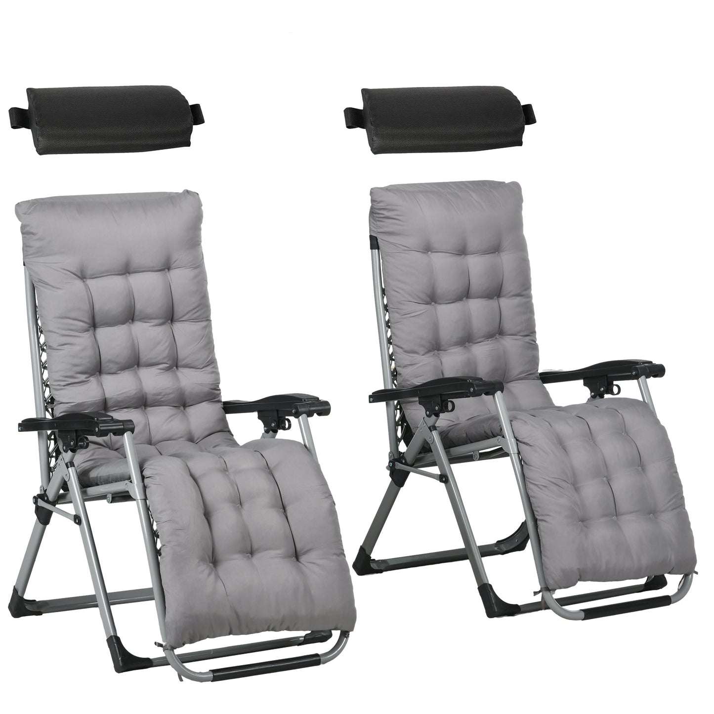 Reclining Zero Gravity Chair with Adjustable Backrest, Folding Garden Sun Lounger with Removable Cushion and Headrest, Set of 2, Dark Grey