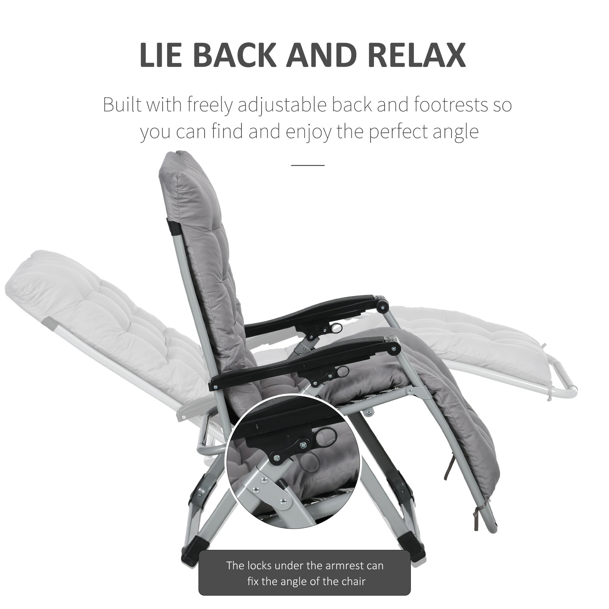 Reclining Zero Gravity Chair with Adjustable Backrest, Folding Garden Sun Lounger with Removable Cushion and Headrest, Set of 2, Dark Grey