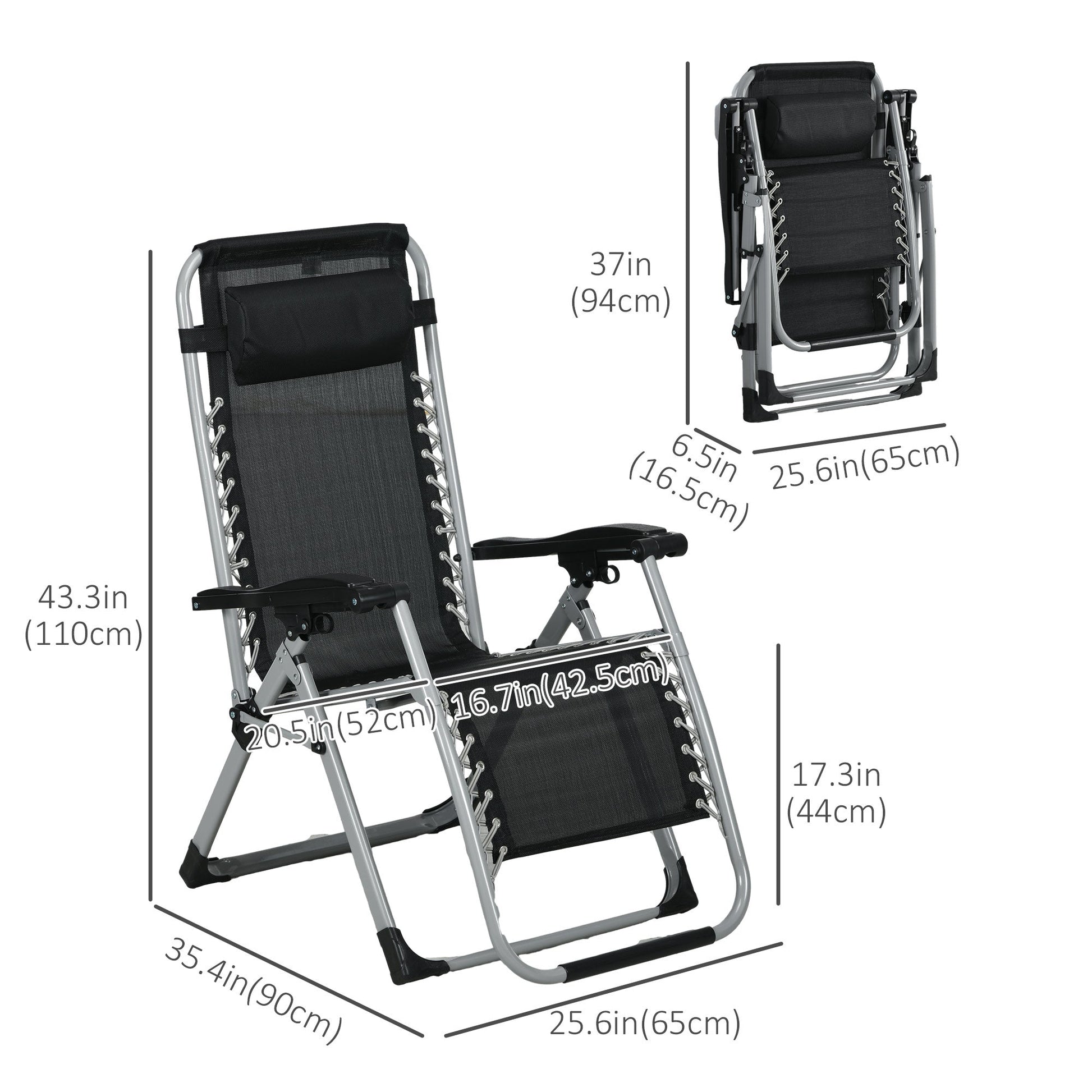 Reclining Zero Gravity Chair with Adjustable Backrest, Folding Garden Sun Lounger with Removable Cushion and Headrest, Set of 2, Dark Grey
