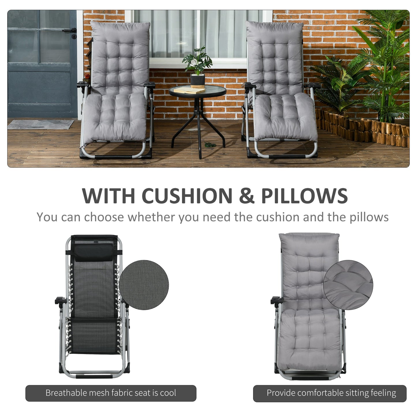 Reclining Zero Gravity Chair with Adjustable Backrest, Folding Garden Sun Lounger with Removable Cushion and Headrest, Set of 2, Dark Grey