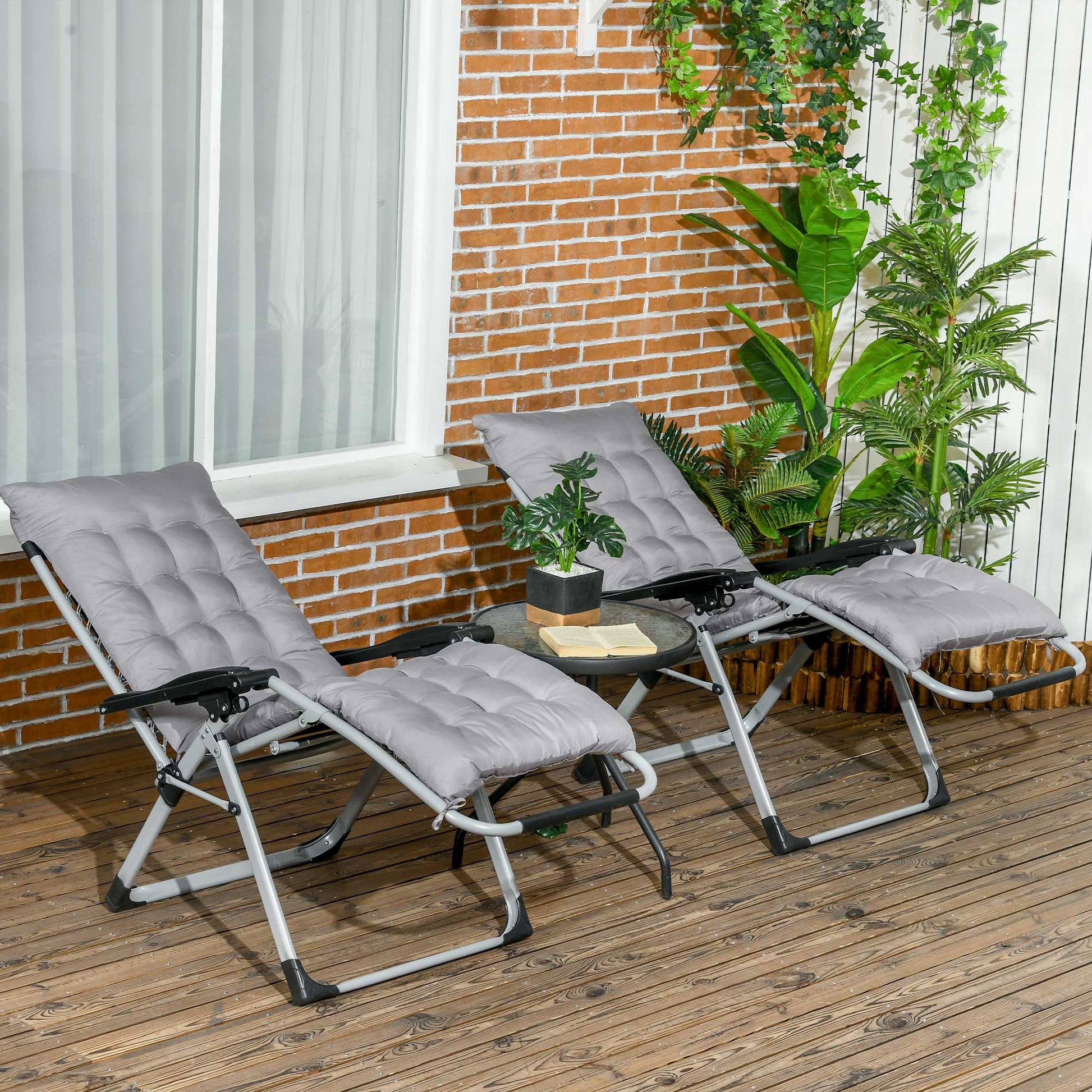 Reclining Zero Gravity Chair with Adjustable Backrest, Folding Garden Sun Lounger with Removable Cushion and Headrest, Set of 2, Dark Grey