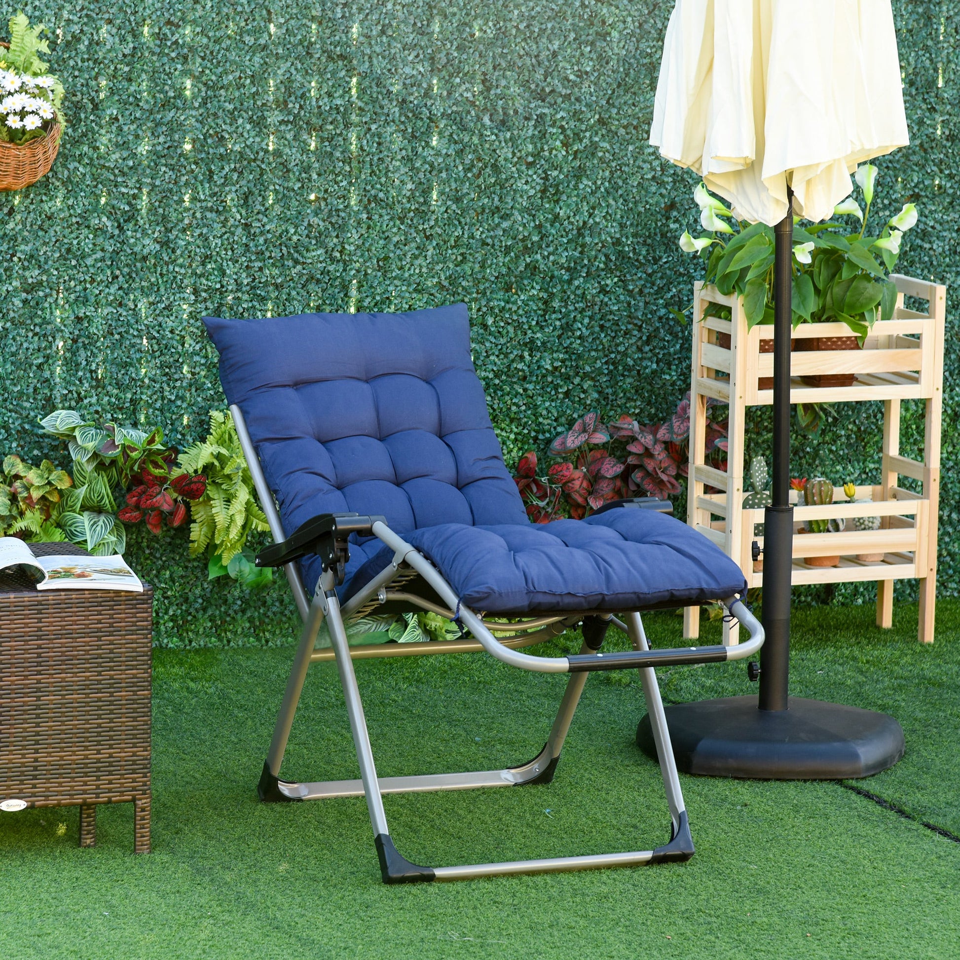 Reclining Zero Gravity Chair with Adjustable Backrest, Folding Garden Sun Lounger with Removable Cushion and Headrest, Dark Blue