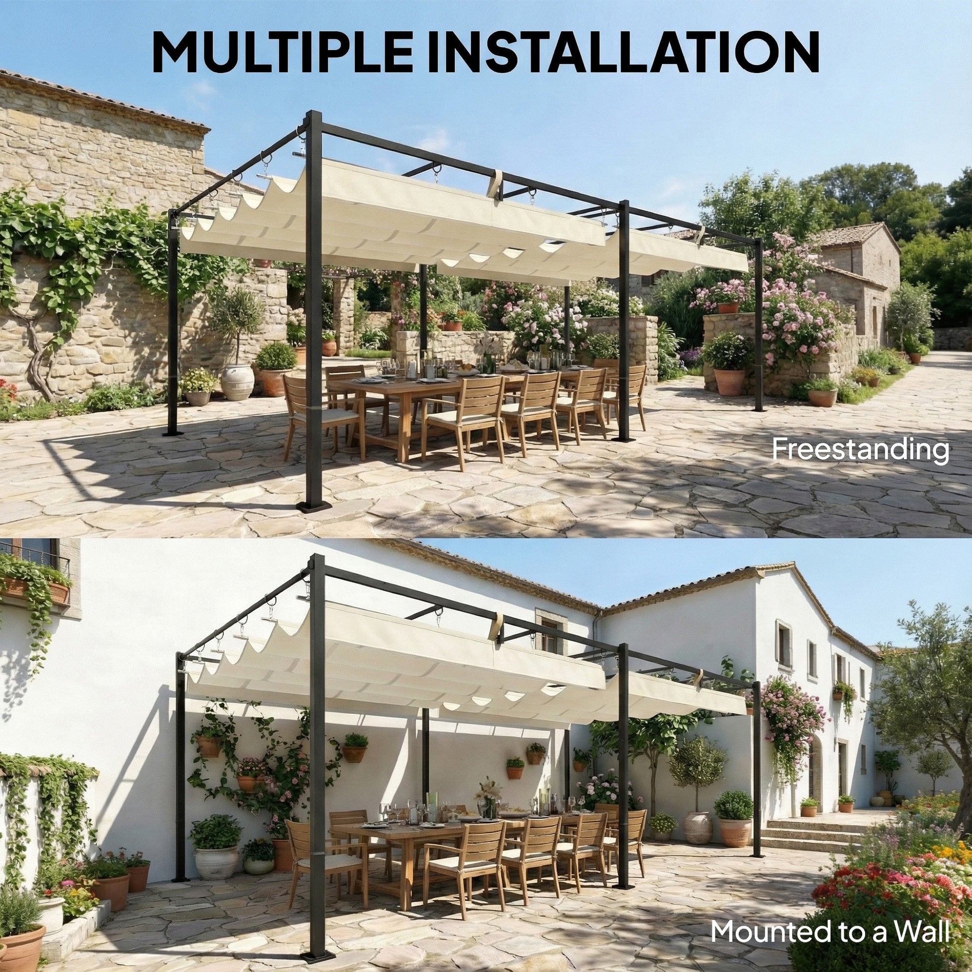 19' x 10' Pergola with Retractable Canopy, Patio Pergola with Sun Shade Shelter, UV50+ and Water-Repellent for Patio, Garden, Cream White