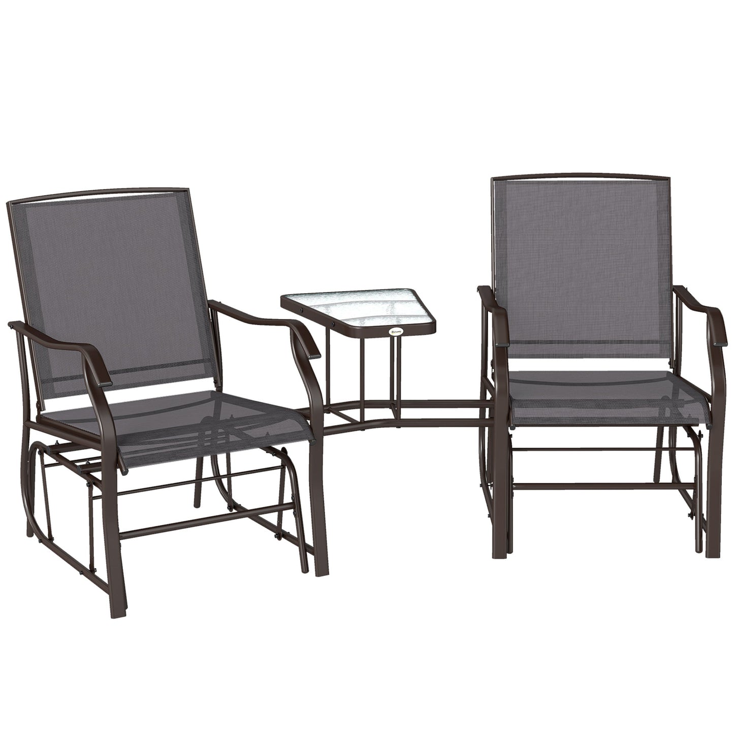 Double Patio Glider Chair with Glass Top Center Table, Outdoor Glider Loveseat with High Back,  All Weather Breathable Mesh Fabric for Garden, Backyard, Deck, Grey
