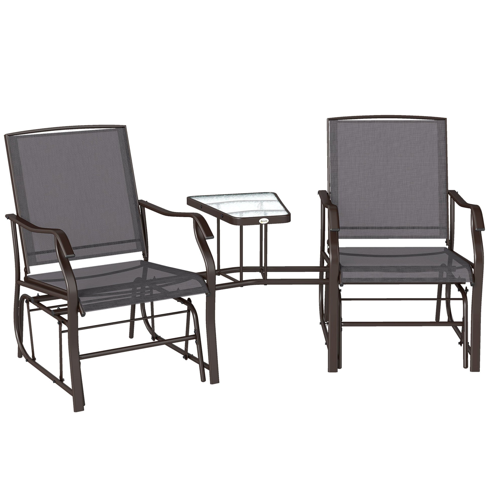 Double Patio Glider Chair with Glass Top Center Table, Outdoor Glider Loveseat with High Back,  All Weather Breathable Mesh Fabric for Garden, Backyard, Deck, Grey