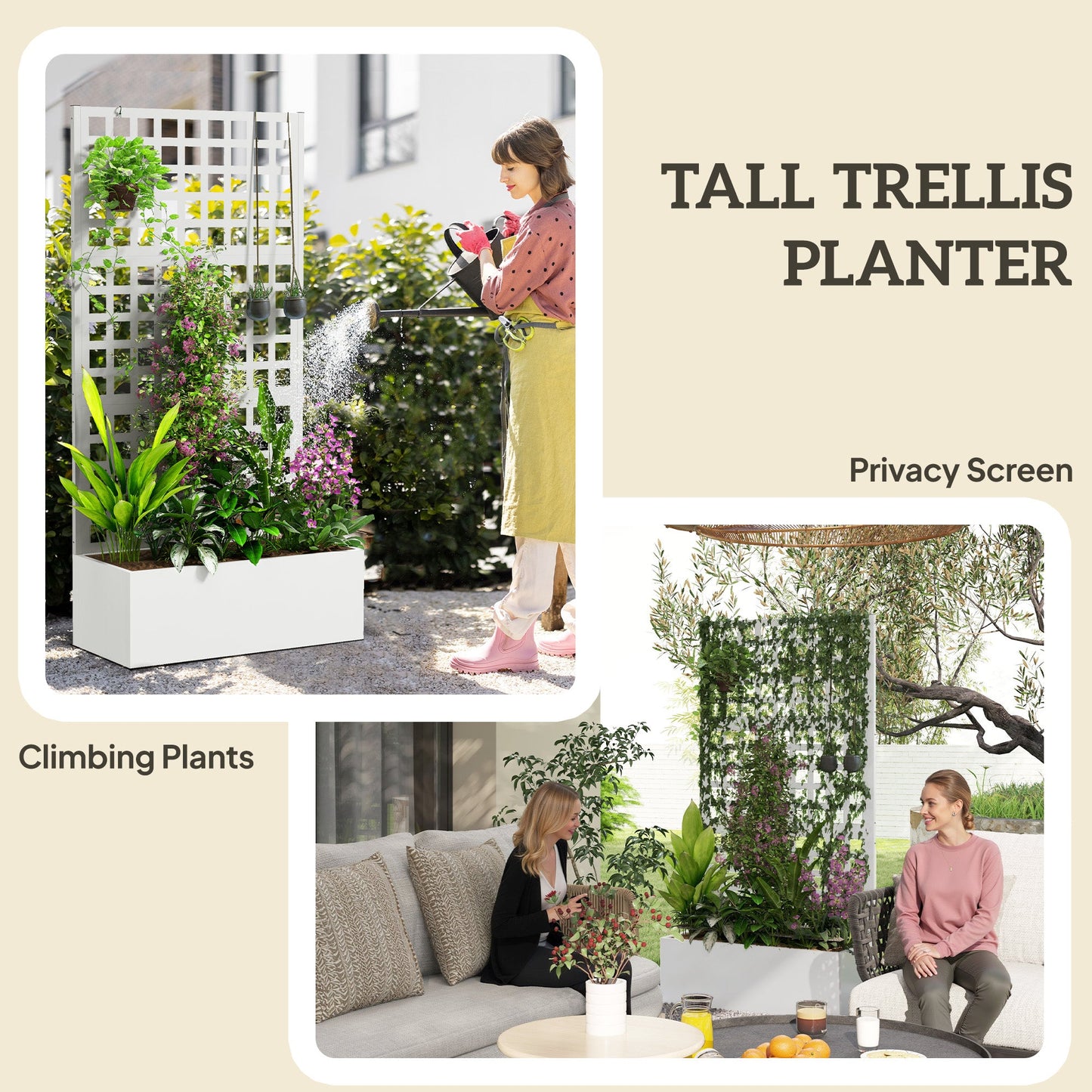 Galvanized Raised Garden Bed with Trellis, 35"x16"x70" Metal Planter Box with Drainage Holes, Outdoor Privacy Screen for Climbing Plant Vegetable Vine, White