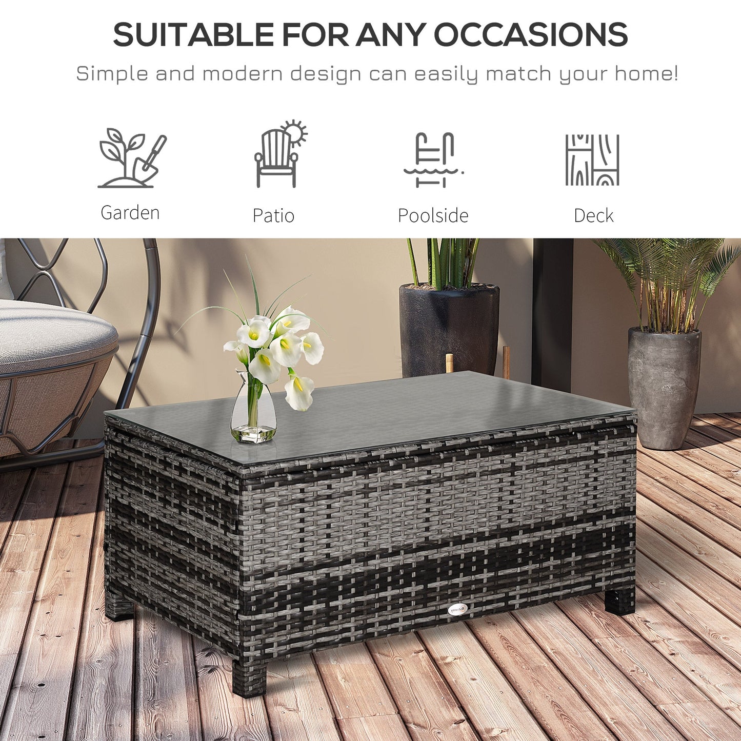 Rattan Coffee Table, Patio Side Table, Hand-woven Wicker Furniture with Tempered Glass Top Outdoor Garden Patio, Mixed Grey