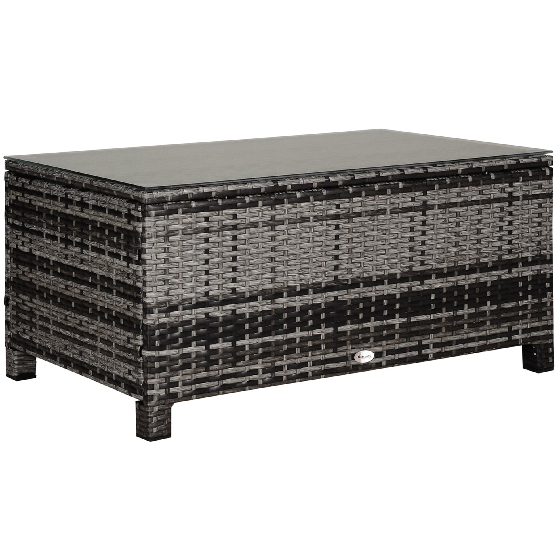 Rattan Coffee Table, Patio Side Table, Hand-woven Wicker Furniture with Tempered Glass Top Outdoor Garden Patio, Mixed Grey