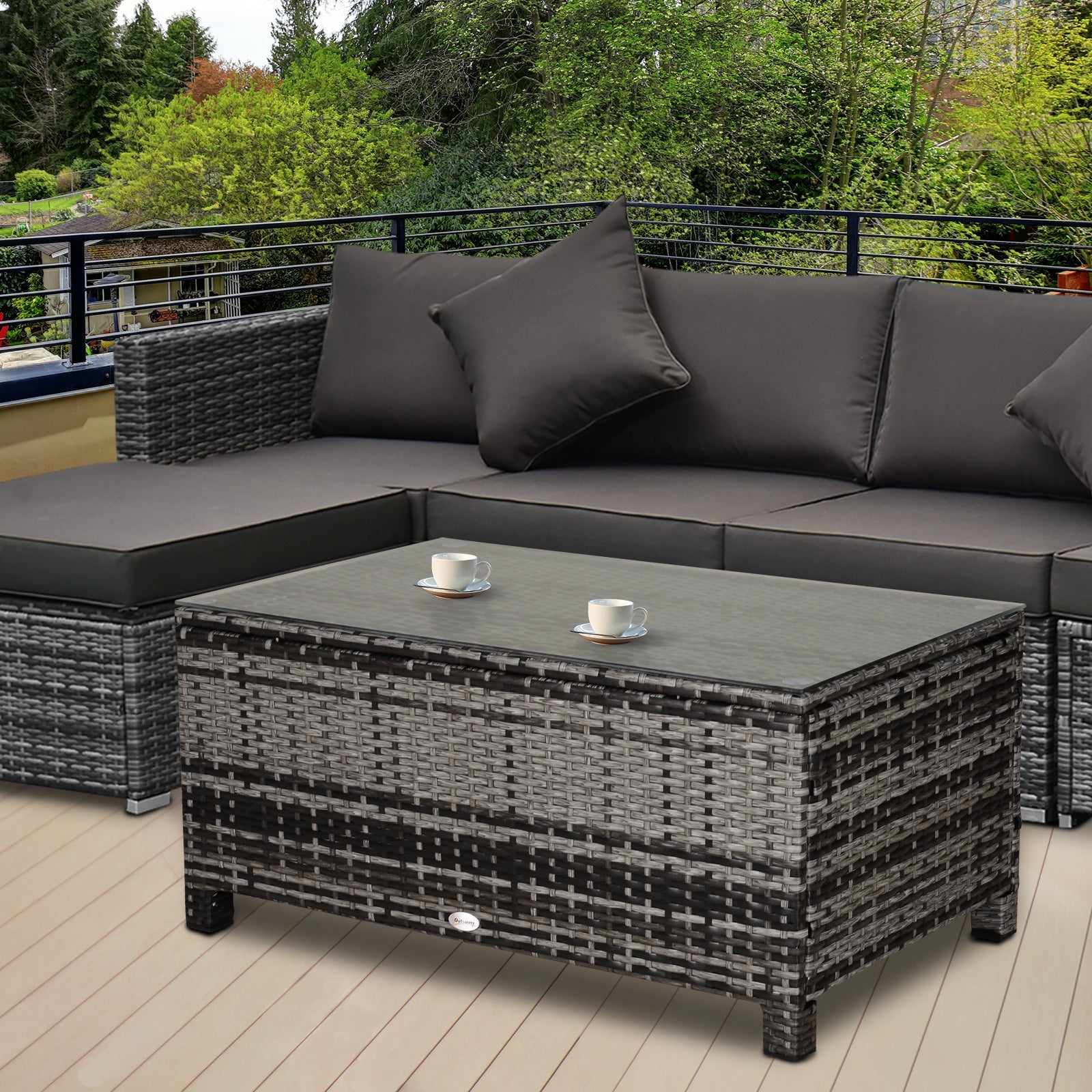 Rattan Coffee Table, Patio Side Table, Hand-woven Wicker Furniture with Tempered Glass Top Outdoor Garden Patio, Mixed Grey