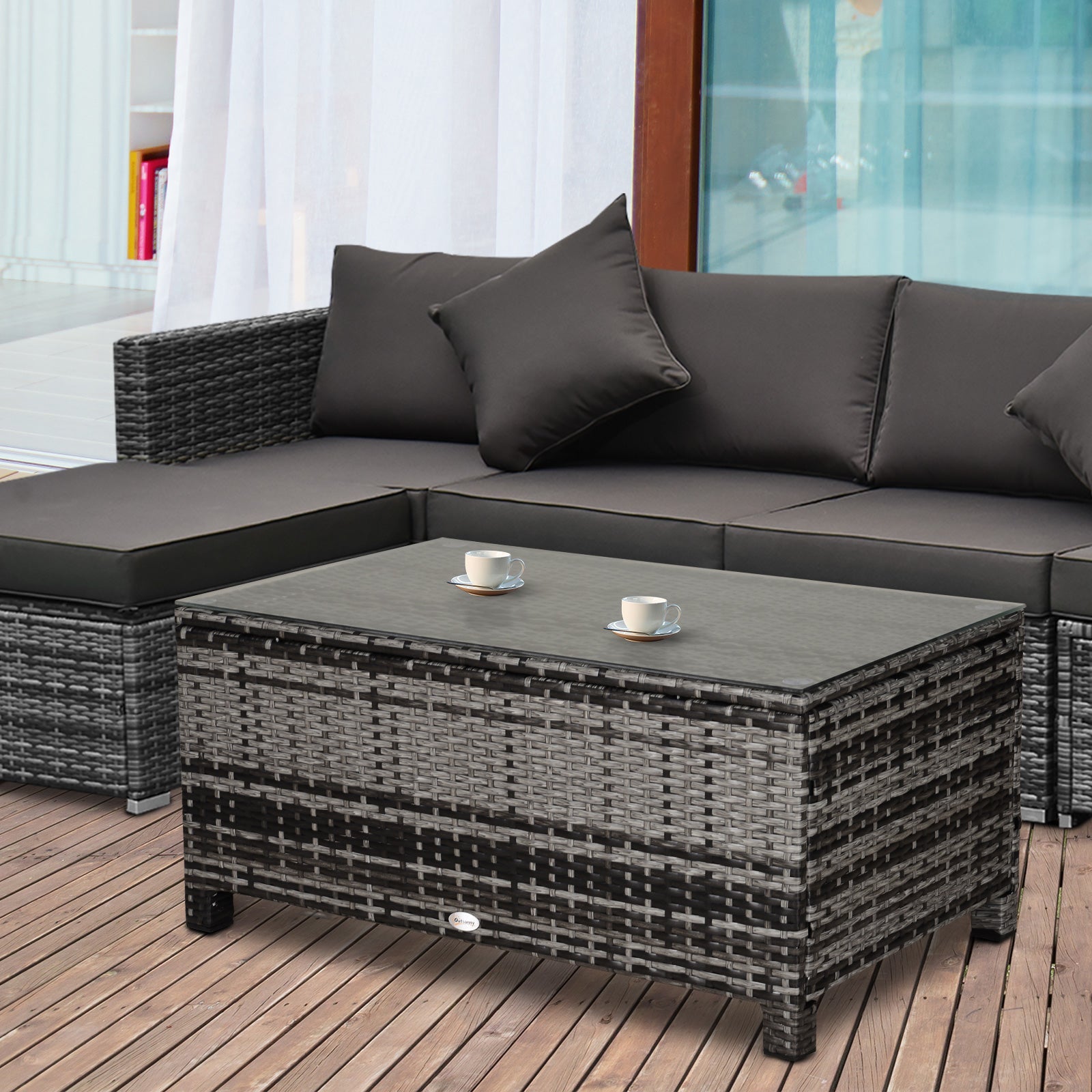 Rattan Coffee Table, Patio Side Table, Hand-woven Wicker Furniture with Tempered Glass Top Outdoor Garden Patio, Mixed Grey