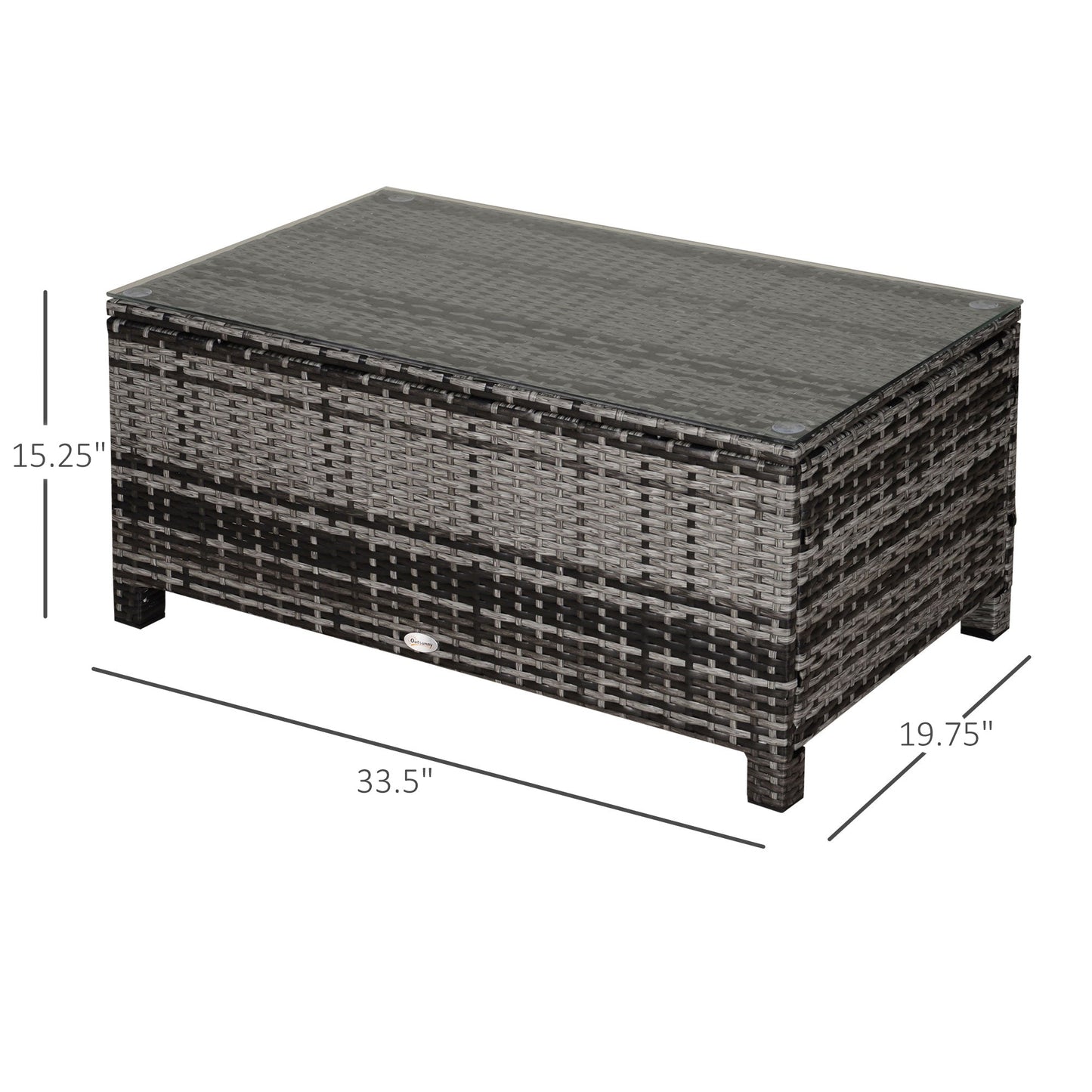 Rattan Coffee Table, Patio Side Table, Hand-woven Wicker Furniture with Tempered Glass Top Outdoor Garden Patio, Mixed Grey