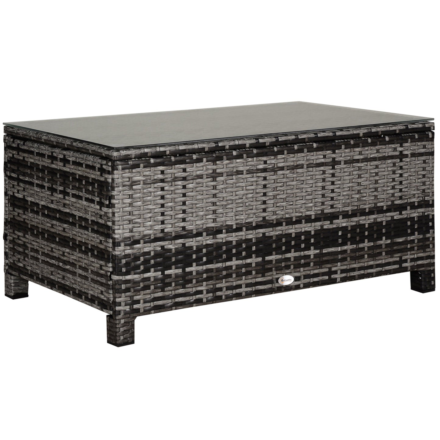 Rattan Coffee Table, Patio Side Table, Hand-woven Wicker Furniture with Tempered Glass Top Outdoor Garden Patio, Mixed Grey