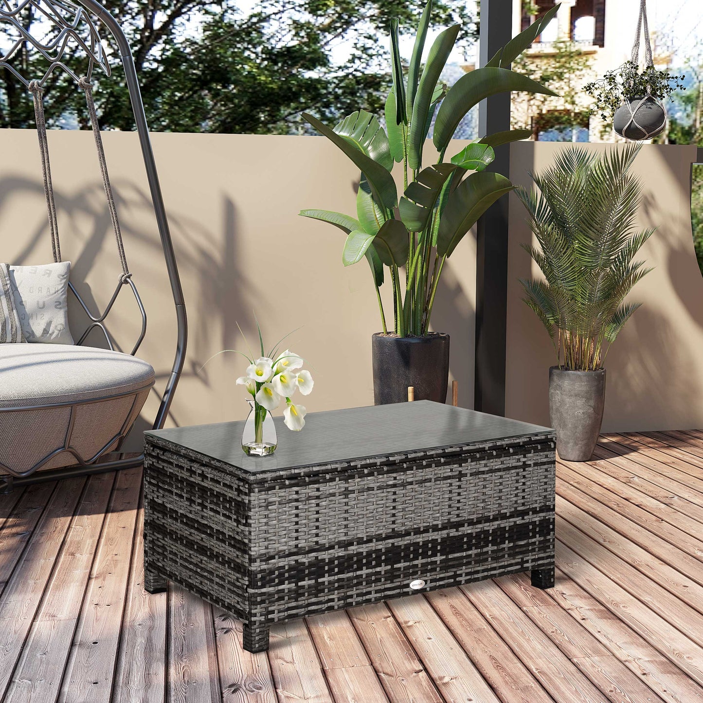 Rattan Coffee Table, Patio Side Table, Hand-woven Wicker Furniture with Tempered Glass Top Outdoor Garden Patio, Mixed Grey