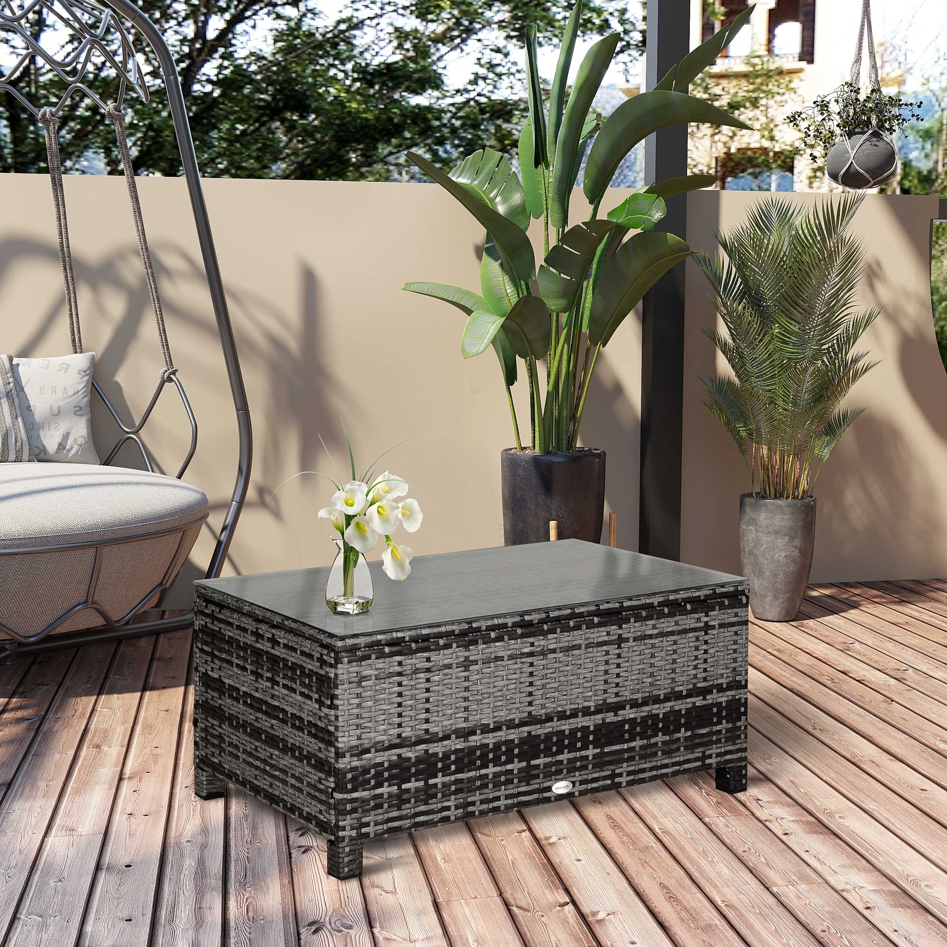 Rattan Coffee Table, Patio Side Table, Hand-woven Wicker Furniture with Tempered Glass Top Outdoor Garden Patio, Mixed Grey