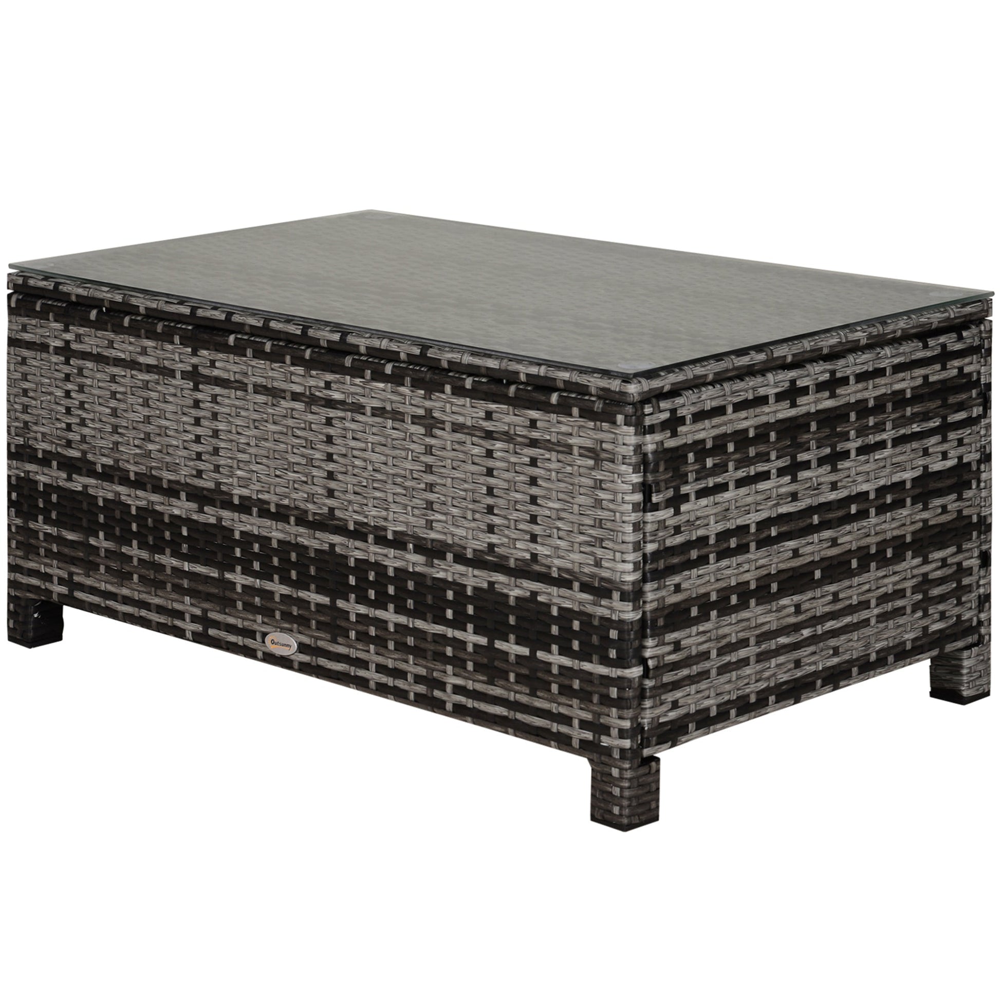 Rattan Coffee Table, Patio Side Table, Hand-woven Wicker Furniture with Tempered Glass Top Outdoor Garden Patio, Mixed Grey