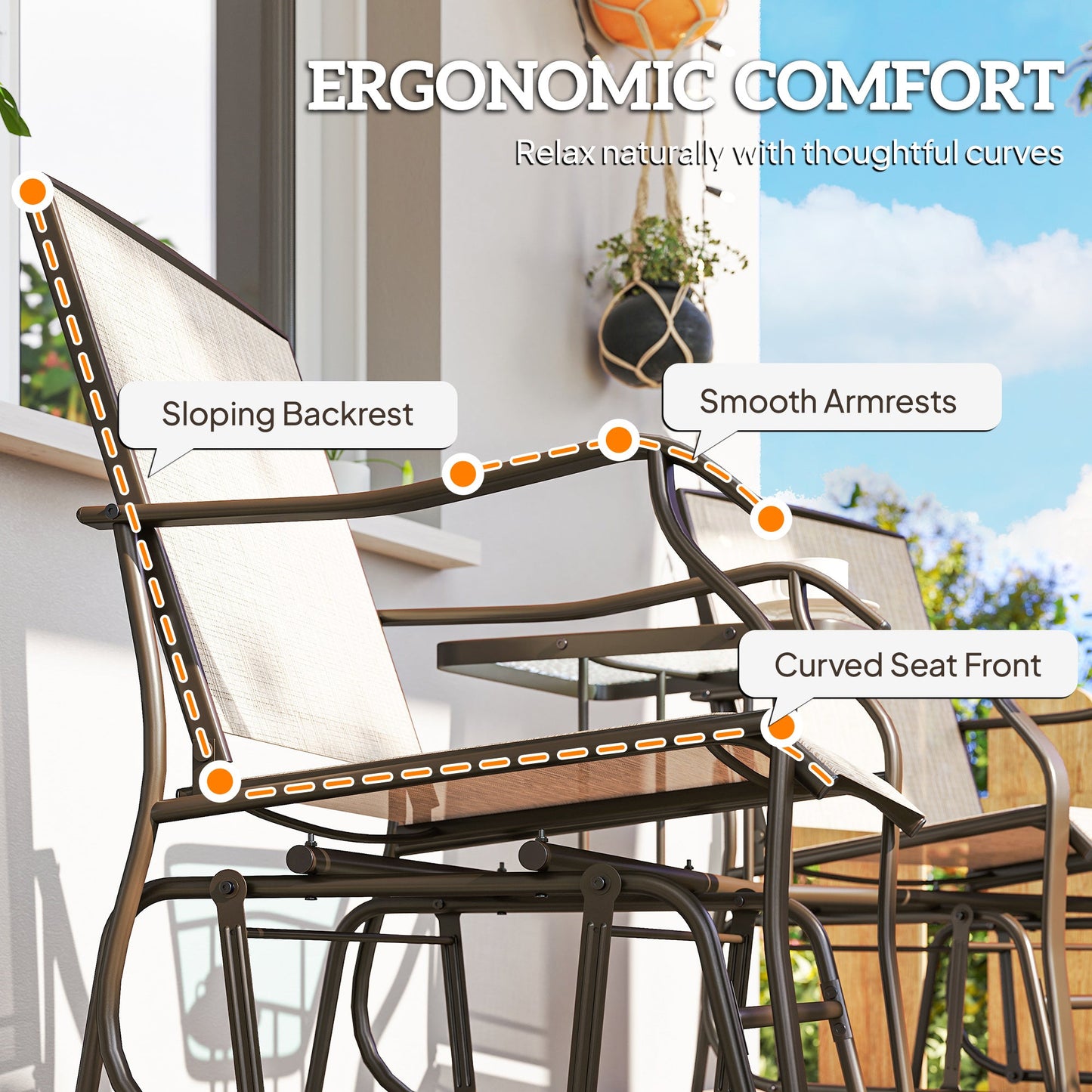 Double Patio Glider Chair with Glass Top Center Table, Outdoor Glider Loveseat with High Back,  All Weather Breathable Mesh Fabric for Garden, Backyard, Deck, Light Brown