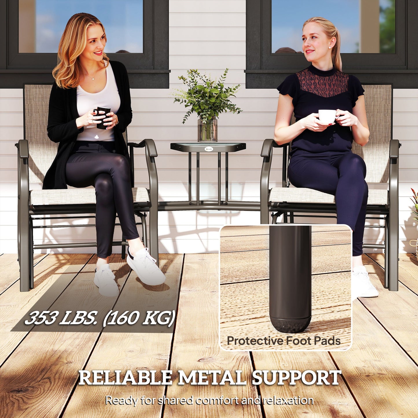 Double Patio Glider Chair with Glass Top Center Table, Outdoor Glider Loveseat with High Back,  All Weather Breathable Mesh Fabric for Garden, Backyard, Deck, Light Brown