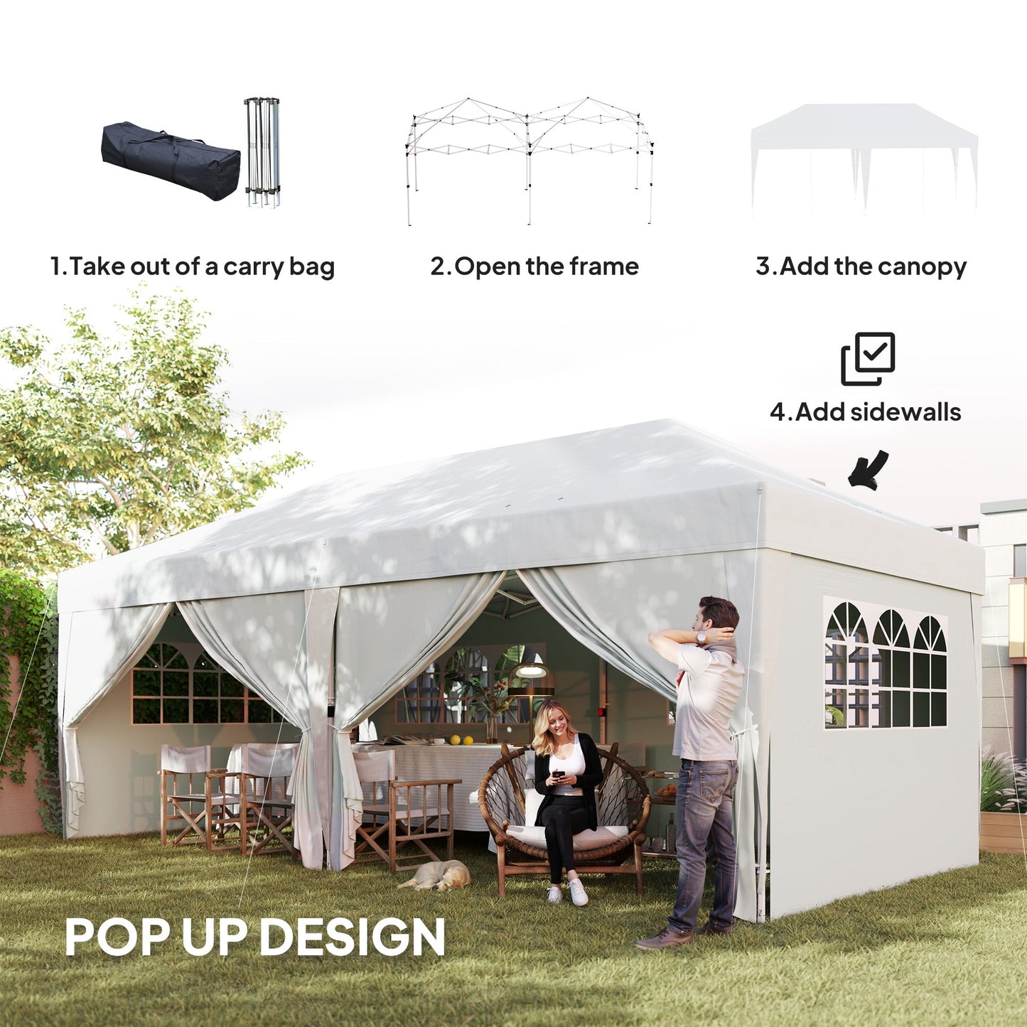10' x 20' Pop Up Canopy with 6 Walls, Outdoor Easy Up Canopy Party Tent with Steel Frame, Drainage Holes, Instant Garden Shade Shelter with Carrying Bag, White