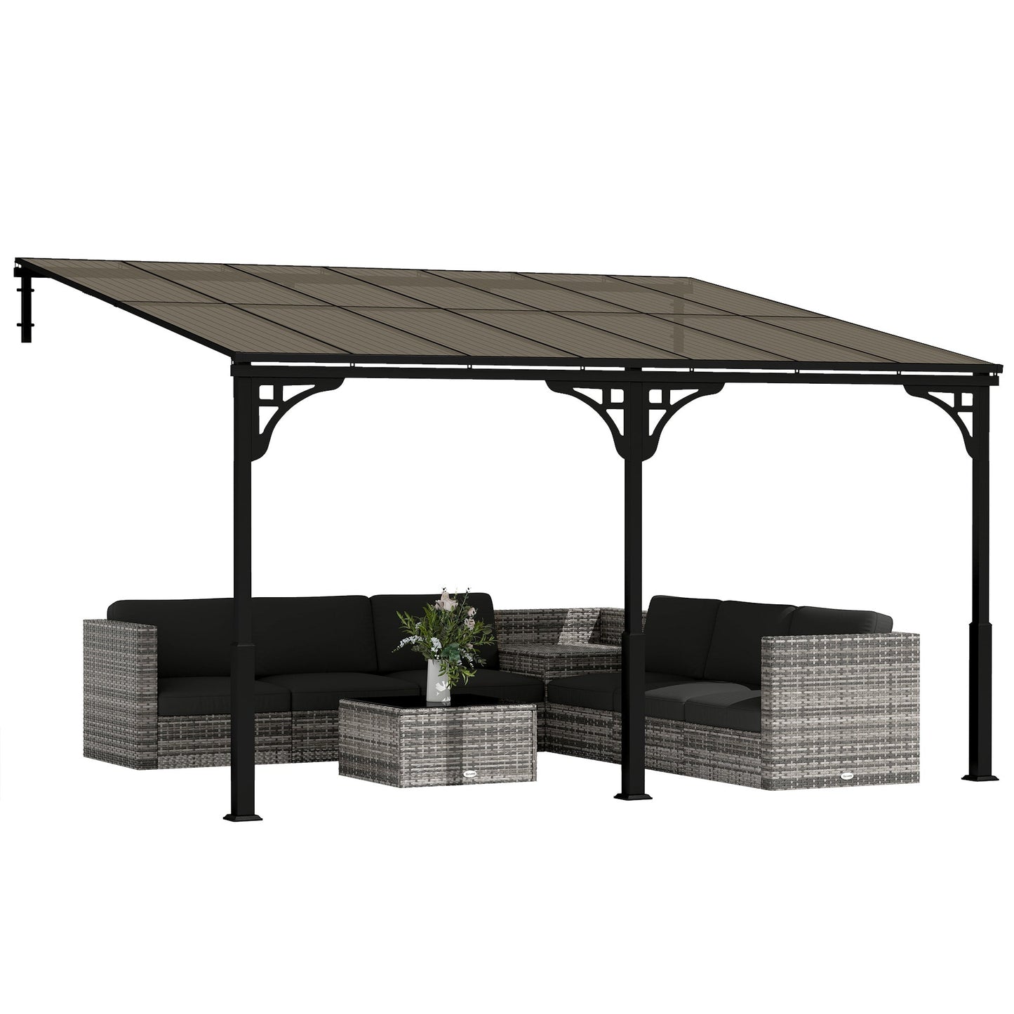 13' x 10' Lean to Gazebo, Hardtop Wall Mounted Outdoor Pergola with Polycarbonate Roof and Metal-Aluminium Frame, Heavy Duty Metal Pergola for Patio Deck Backyard, Brown