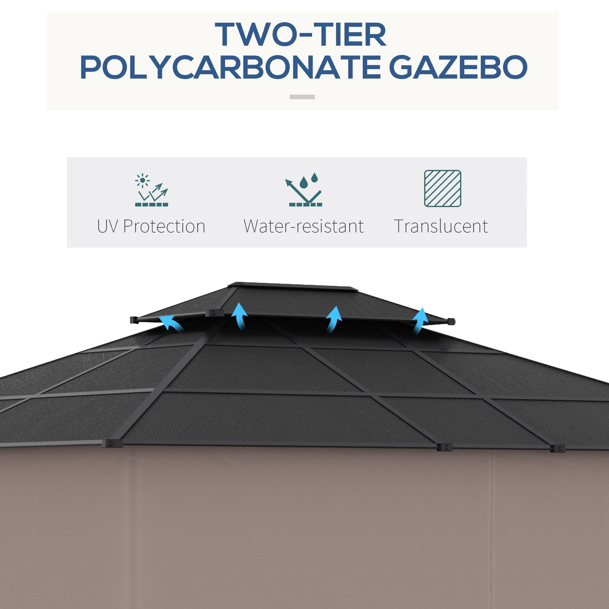 10' x 12' Outdoor Gazebo Canopy, Double Roof Hardtop Gazebo with Polycarbonate Roof, Steel Frame, Nettings and Curtains, for Garden, Lawn, Backyard and Deck, Khaki
