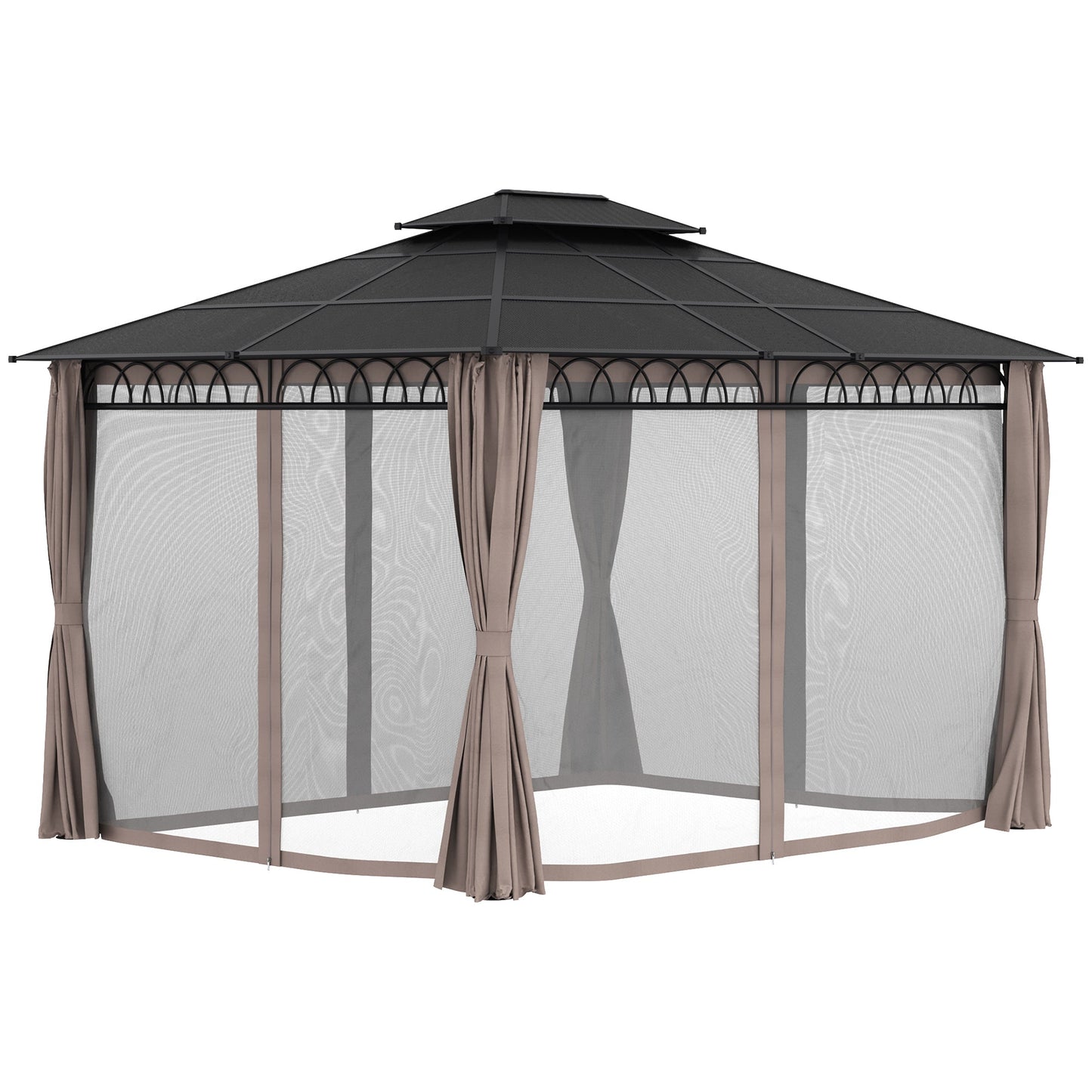 10' x 12' Outdoor Gazebo Canopy, Double Roof Hardtop Gazebo with Polycarbonate Roof, Steel Frame, Nettings and Curtains, for Garden, Lawn, Backyard and Deck, Khaki