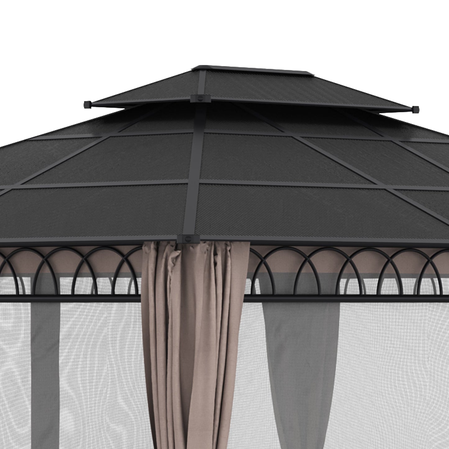 10' x 12' Outdoor Gazebo Canopy, Double Roof Hardtop Gazebo with Polycarbonate Roof, Steel Frame, Nettings and Curtains, for Garden, Lawn, Backyard and Deck, Khaki