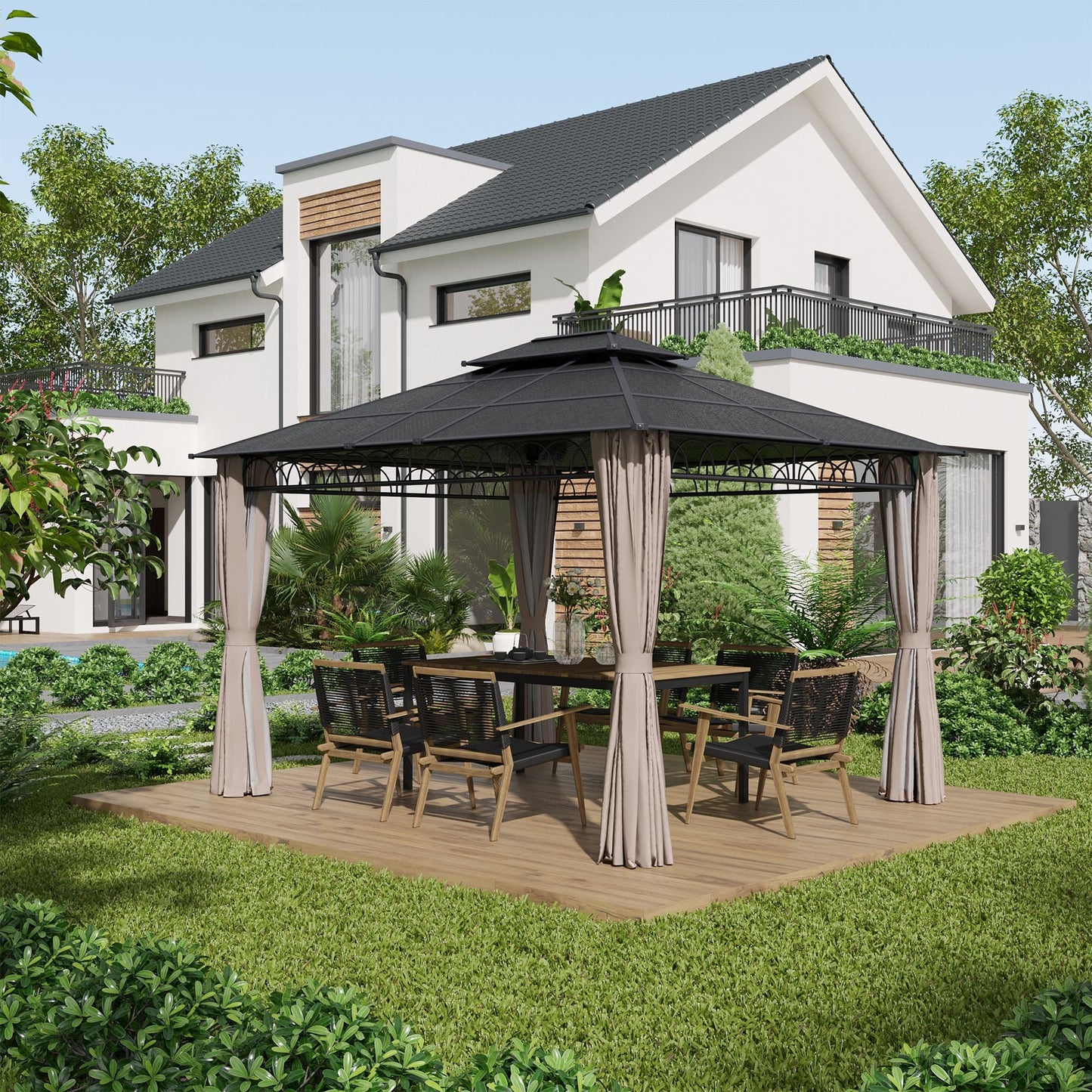 10' x 12' Outdoor Gazebo Canopy, Double Roof Hardtop Gazebo with Polycarbonate Roof, Steel Frame, Nettings and Curtains, for Garden, Lawn, Backyard and Deck, Khaki
